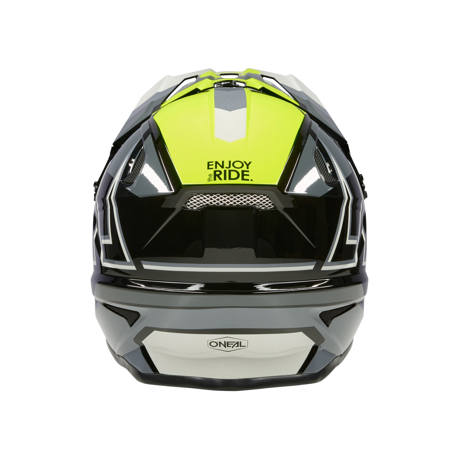 Vorderansicht des hochwertigen Motorradhelms O'NEAL SONUS Helm SPLIT mit neongelbem und schwarzem Design. Der Helm trägt oben die Worte „ENJOY THE RIDE“ und unten ein metallisches Logo mit der Aufschrift „Oneal“. Das Design umfasst kräftige, eckige Formen und reflektierende Akzente, die an die MTB Helm-Linie erinnern.