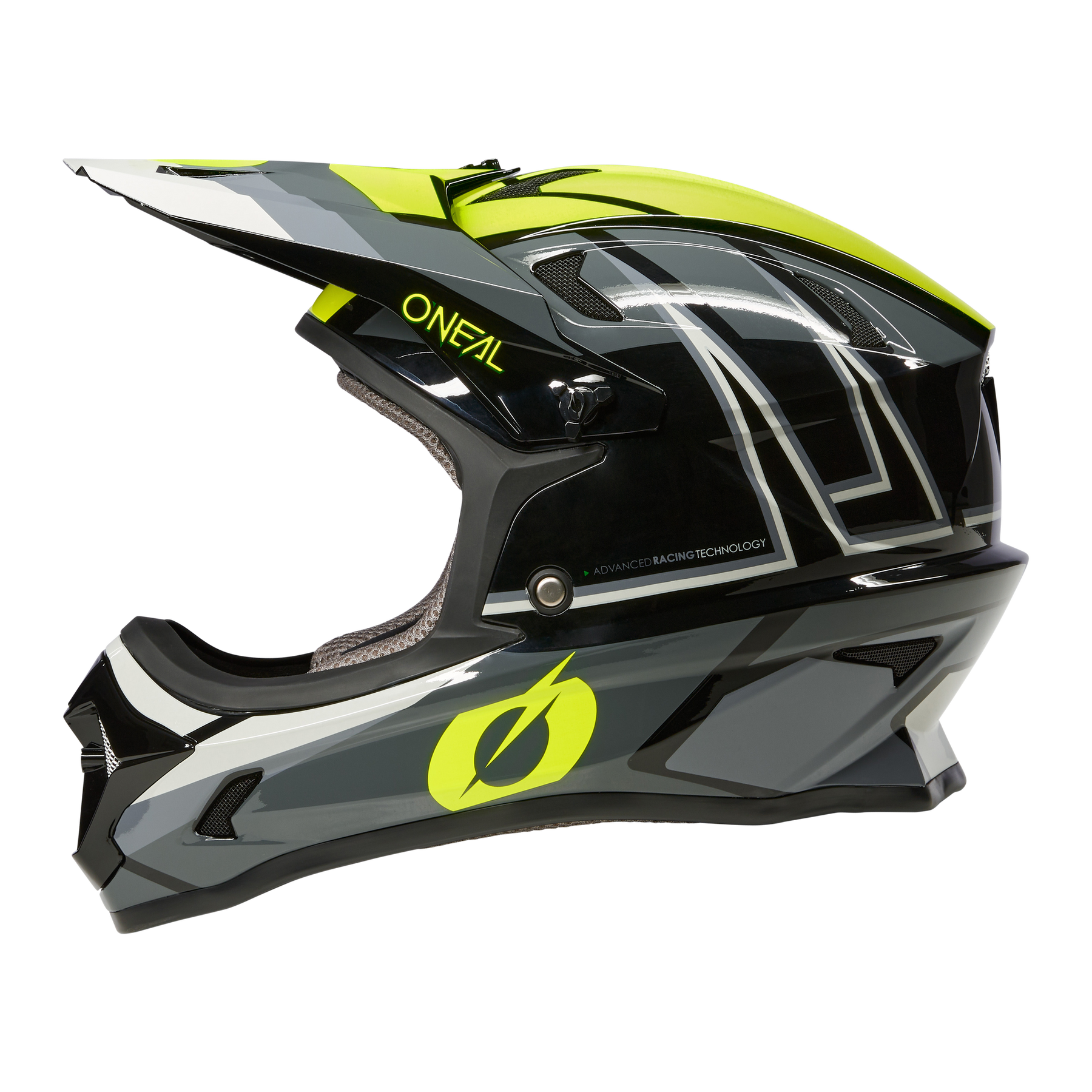 Seitenansicht eines schwarz-grau-neongelben O'NEAL SONUS Helm SPLIT Motocross-Helms mit Visier. Das hochwertige Produkt zeichnet sich durch ein aerodynamisches Design, Belüftungsöffnungen und den Markennamen „O'Neal“ an der Seite aus. Der Helm weist außerdem stilisierte Grafiken und eckige Konturen auf.