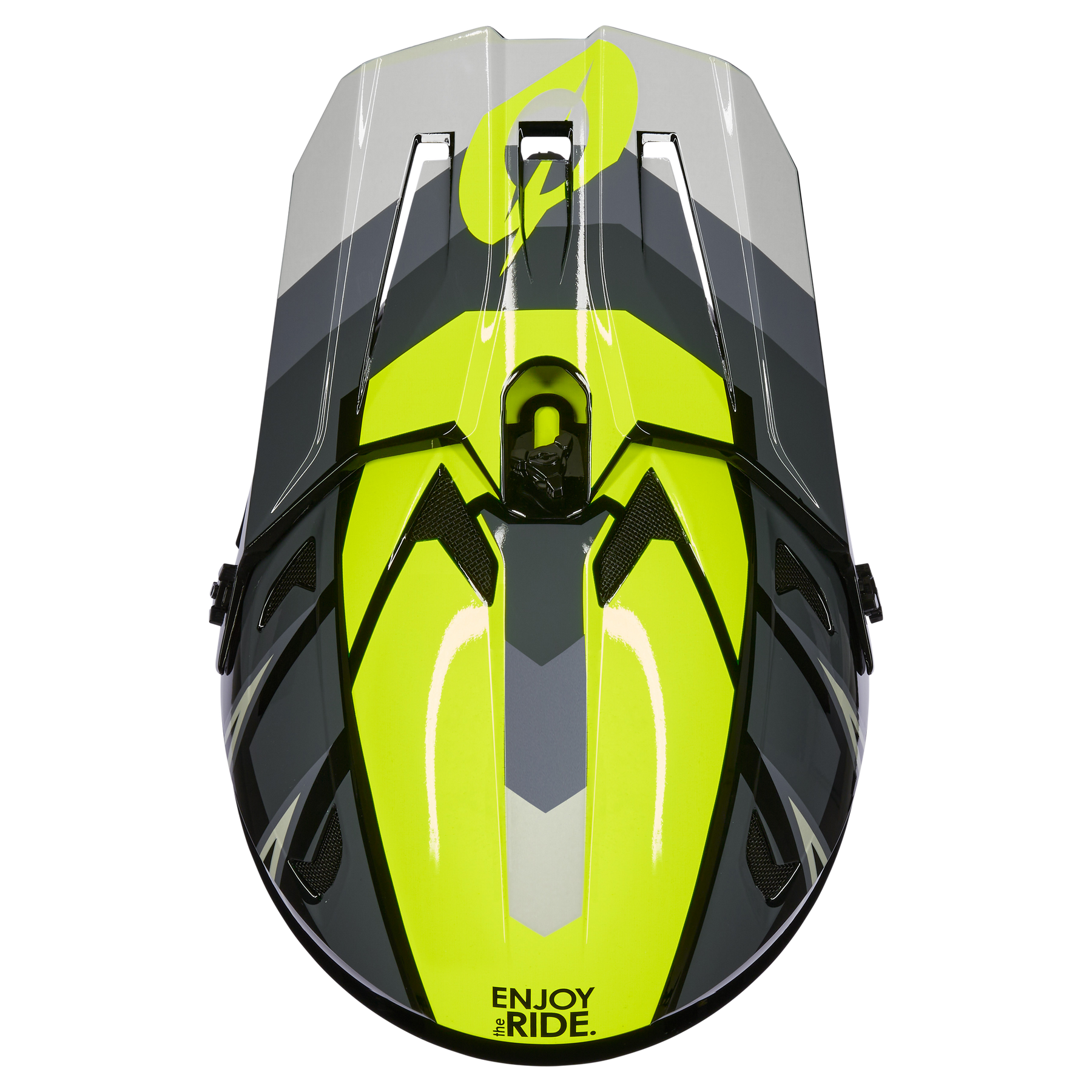 Von oben betrachtet ein schnittiger, moderner Jetski mit einem auffälligen Design mit Akzenten in Schwarz, Grau und Neongelb. Der Satz „ENJOY THE RIDE“ ist auf der Vorderseite deutlich sichtbar, wie bei einem O'NEAL SONUS Helm SPLIT.