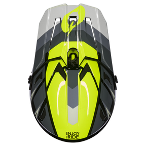 Von oben betrachtet ein schnittiger, moderner Jetski mit einem auffälligen Design mit Akzenten in Schwarz, Grau und Neongelb. Der Satz „ENJOY THE RIDE“ ist auf der Vorderseite deutlich sichtbar, wie bei einem O'NEAL SONUS Helm SPLIT.