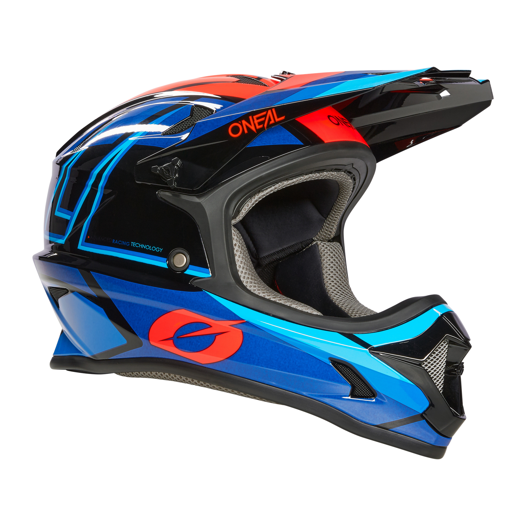 Der O'NEAL SONUS Helm SPLIT ist ein MTB-Vollvisierhelm mit auffälligen geometrischen Grafiken in Schwarz, Blau, Rot und Orange und dem O'NEAL-Logo - ideal für abenteuerliche Fahrten.