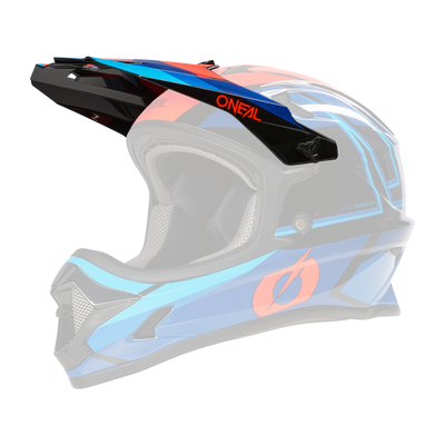Der O'NEAL Visor SONUS Helmet SPLIT ist ein lebendiger Motocross-Helm mit einer Kombination aus Blau-, Rot- und Schwarztönen mit geometrischen Mustern. Der Markenname „O'Neal“ ist deutlich sichtbar in Rot auf der Seite zu sehen. Er verfügt über ein Integraldesign mit verstärktem Kinnschutz und integriertem Visier.