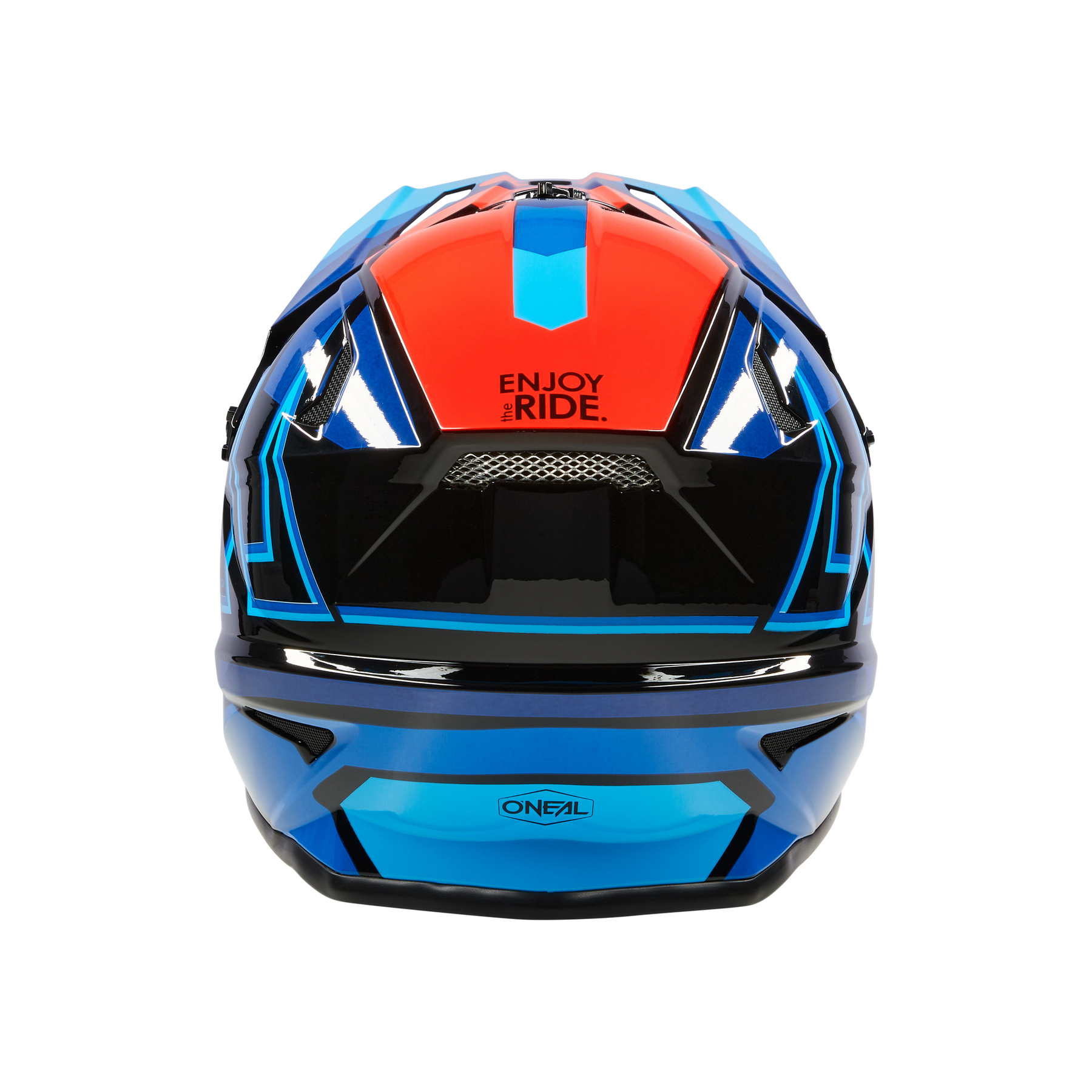 Der O'NEAL SONUS Helm SPLIT ist ein MTB-Helm in Blau, Schwarz und Orange mit geometrischen Mustern, dem O'NEAL-Logo an der Basis und dem Schriftzug "ENJOY THE RIDE", der von hinten gesehen oben angebracht ist.