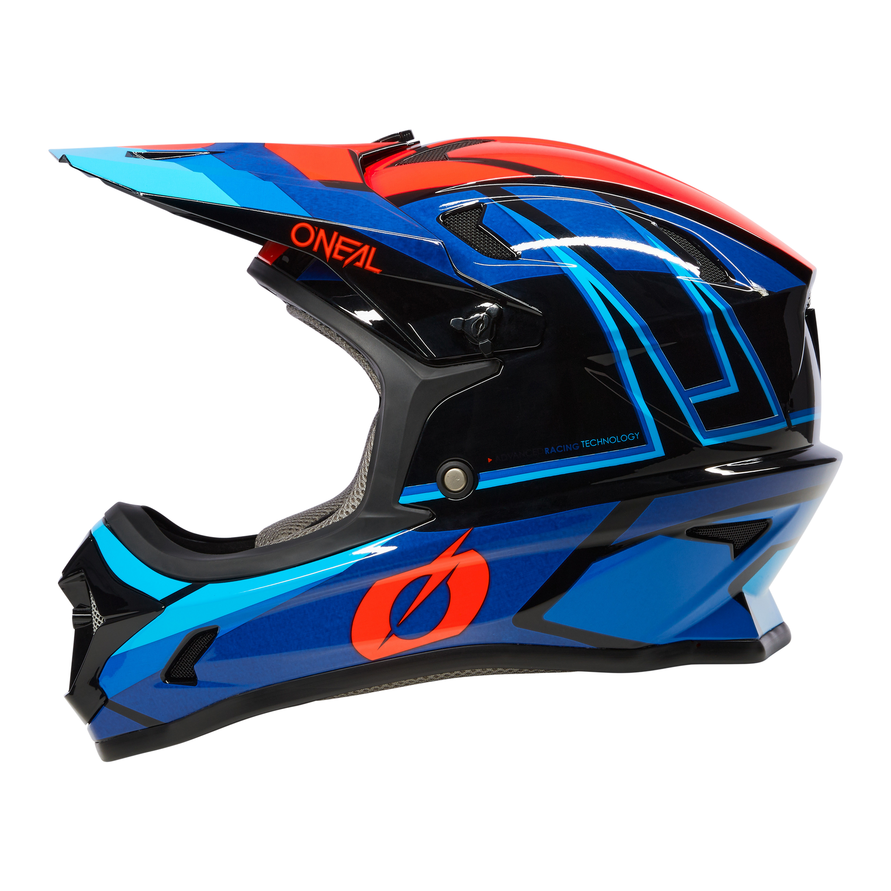 Der O'NEAL SONUS Helm SPLIT ist ein Fullface-MTB- und Motocross-Helm mit einem auffälligen geometrischen Design in Blau, Schwarz, Rot und Hellblau, einem Visier und dem "O'NEAL"-Branding - ideal für Ihr nächstes Bike-Abenteuer.