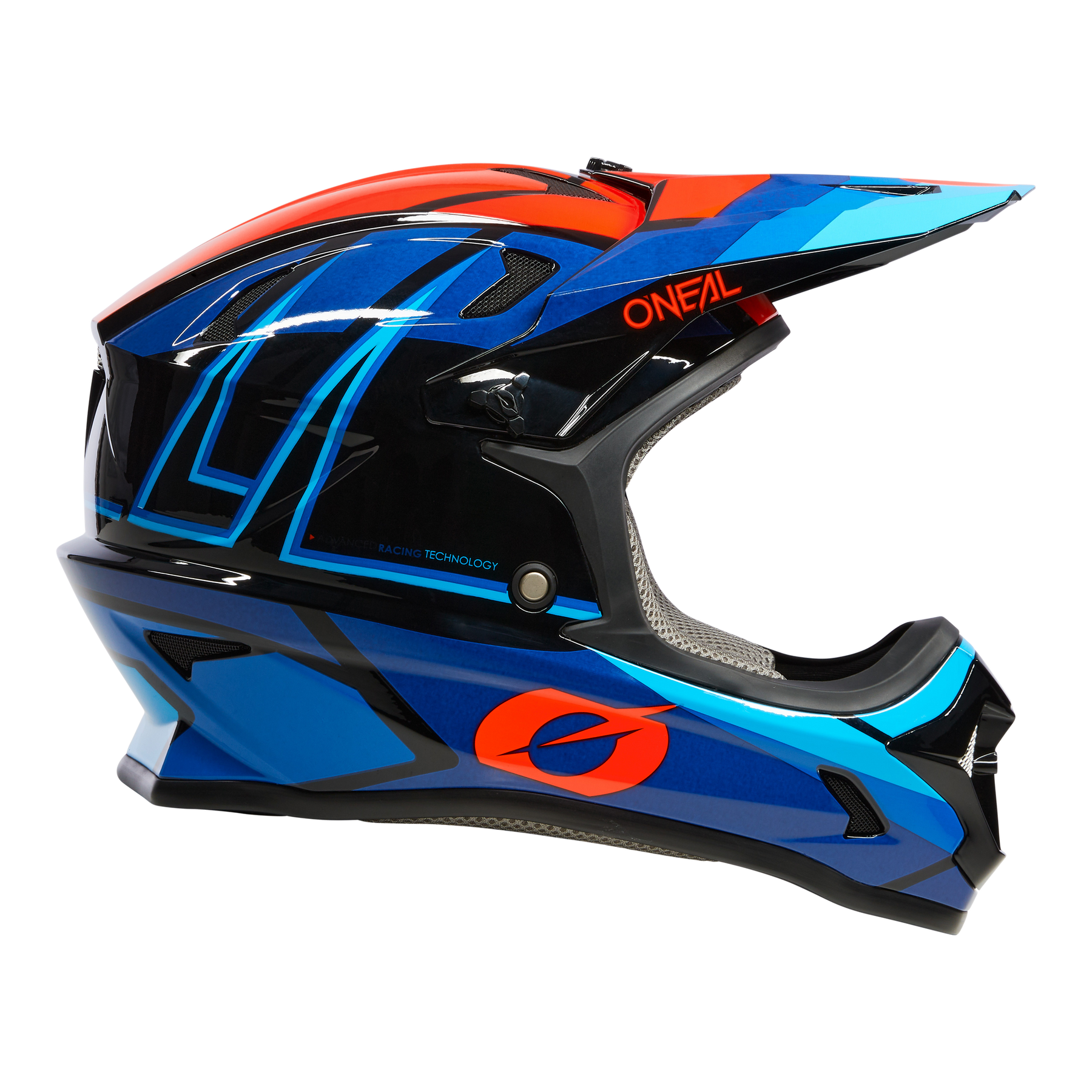 Der O'NEAL SONUS Helm SPLIT ist ein MTB-Vollvisierhelm in Blau, Schwarz und Rot mit geometrischem Design und O'NEAL-Logo - der ideale Schutz für Motocross- und Bike-Abenteuer.