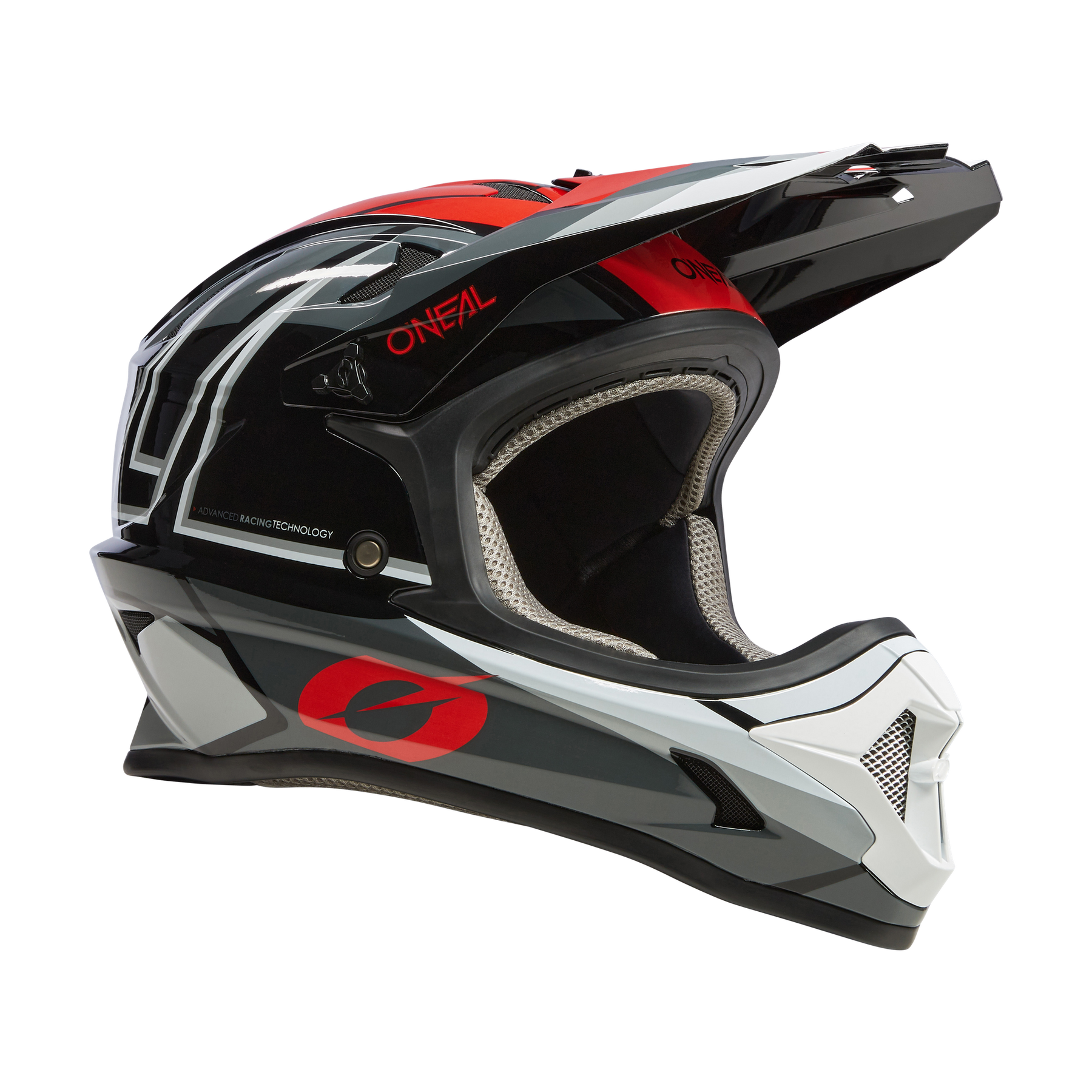 Der O'NEAL SONUS Helm SPLIT, ein Fullface-MTB-Helm in Schwarz, Weiß und Rot, verfügt über ein Visier, einen Kinnschutz und ein aerodynamisches Design. Abgebildet in der Profilansicht.