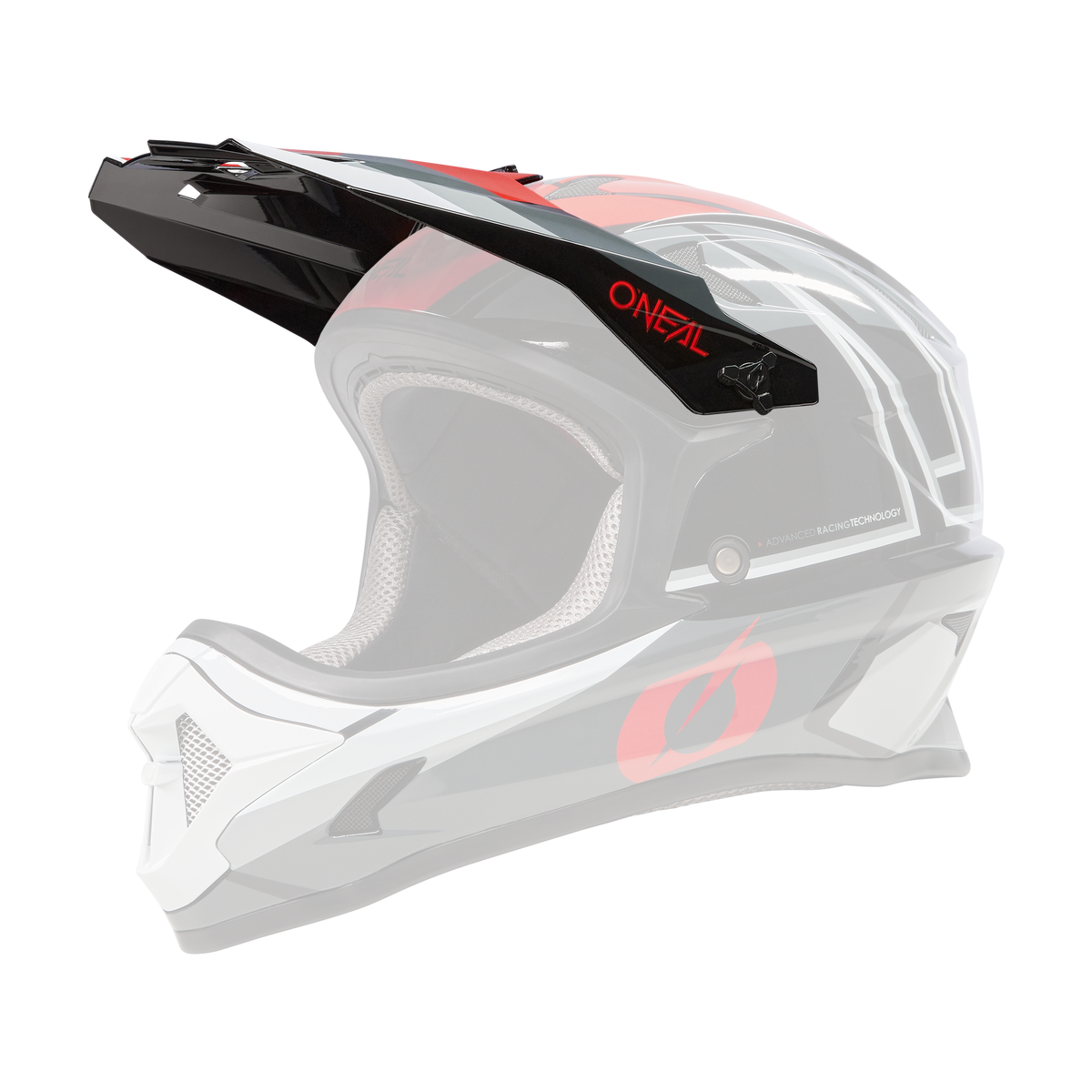 Der O'NEAL Visor SONUS Helmet SPLIT ist ein schwarz-rot-weißer Motocross-Helm mit einem schlanken, aerodynamischen Design. Er verfügt über auffällige Grafiken, ein markantes Visier und Belüftungsöffnungen. Der Markenname „O'Neal“ ist auf der Seite sichtbar und die Innenseite ist für mehr Komfort gepolstert.