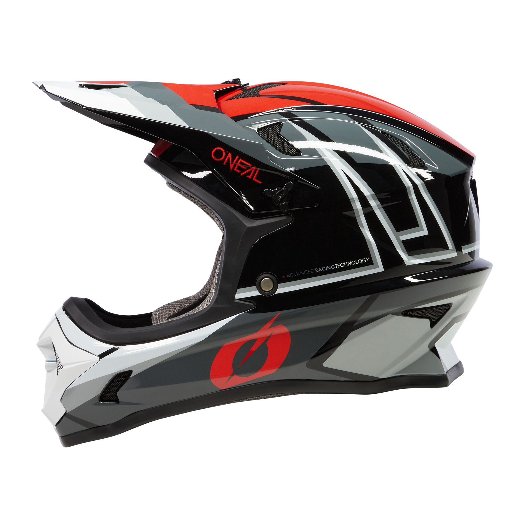 Der O'NEAL SONUS Helm SPLIT ist ein schnittiger Fullface-MTB-Helm in Schwarz, Grau, Rot und Weiß mit eckigen Mustern und einem Visier, von der Seite gesehen.
