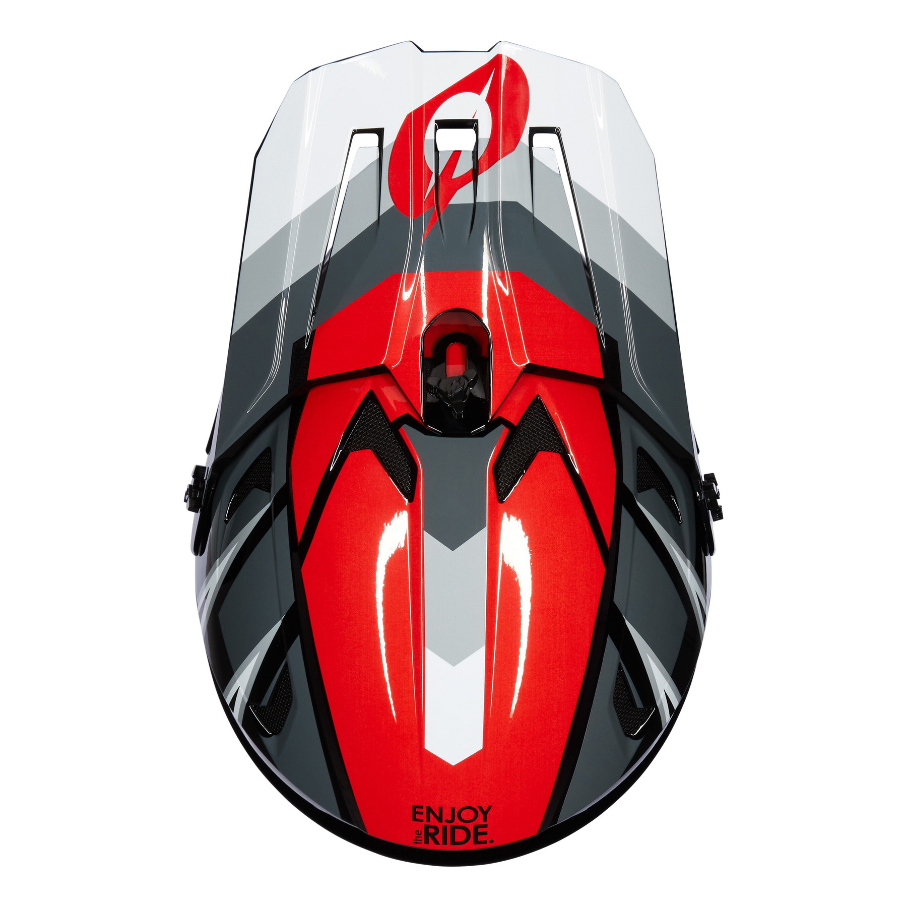Der O'NEAL SONUS Helm SPLIT zeichnet sich durch ein kühnes, geometrisches Design in den Farben Rot, Schwarz, Grau und Weiß mit einem Blitz-Logo und "ENJOY THE RIDE" in der unteren Mitte aus - perfekt für jeden Fahrradliebhaber.