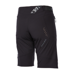 Rückansicht der schwarzen O'NEAL SOUL Women's Shorts mit einer kleinen Tasche auf der rechten Seite, Mesh-Einsätzen zur Belüftung und reflektierenden Details an den Seiten für bessere Sichtbarkeit. Diese Shorts verfügen über ein Logo und Designelemente der Marke O'NEAL und bieten einen stylischen und funktionalen Look, der hohen Tragekomfort bietet, ideal für Mountainbike-Abenteuer.