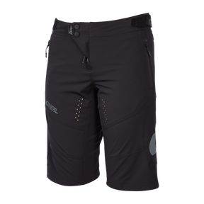 Ein Paar O'NEAL SOUL Damenshorts in Schwarz mit seitlichen Reißverschlusstaschen, verstärkten Nähten und Belüftungslöchern an den oberen Oberschenkeln. Diese Bikeshorts haben einen Knopf- und Reißverschluss für hohen Tragekomfort und zeigen stolz das O'Neal-Logo auf dem linken Bein. Perfekt für dein nächstes Mountainbike-Abenteuer.