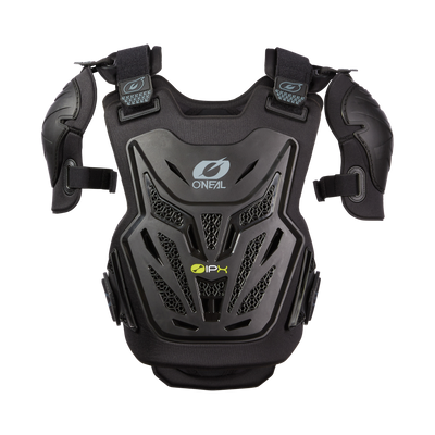 Der O'NEAL SPLIT PRO Brustpanzer Kinder ist ein schwarzer Brustpanzer mit Schulterschutz, Belüftungslöchern, verstellbaren Trägern, verstärkter Polsterung und Level 2-Schutz - ideal für Motocross oder Offroad-Sportarten.