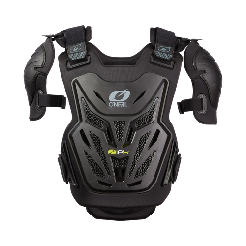 Der O'NEAL SPLIT PRO Brustpanzer Kinder ist ein schwarzer Brustpanzer mit Schulterschutz, Belüftungslöchern, verstellbaren Trägern, verstärkter Polsterung und Level 2-Schutz - ideal für Motocross oder Offroad-Sportarten.