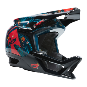 Der O'NEAL TRANSITION TwiceMe Helm RIO ist ein schwarz-blauer Integralhelm für Mountainbikes, der mit leuchtend roten, grünen und blauen tropischen Blumengrafiken verziert ist. Er verfügt über einen markanten Kinnschutz, ein verstellbares Visier und Belüftungsöffnungen. Für zusätzlichen Komfort und Schutz ist das Innenfutter gepolstert.