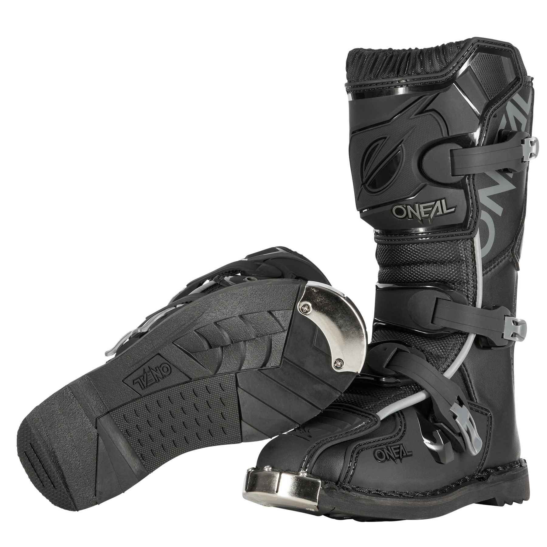 Ein Paar schwarze O'NEAL TRIBUTE Stiefel Kinder mit verstärkten Zehenkappen aus Metall, robusten Schnallen und strukturierten Sohlen. Die Stiefel tragen den Markennamen „O'NEAL“ und wirken robust und langlebig. Sie sind für den Offroad-Motocross-Einsatz konzipiert und gewährleisten gleichzeitig Sicherheit und Komfort.