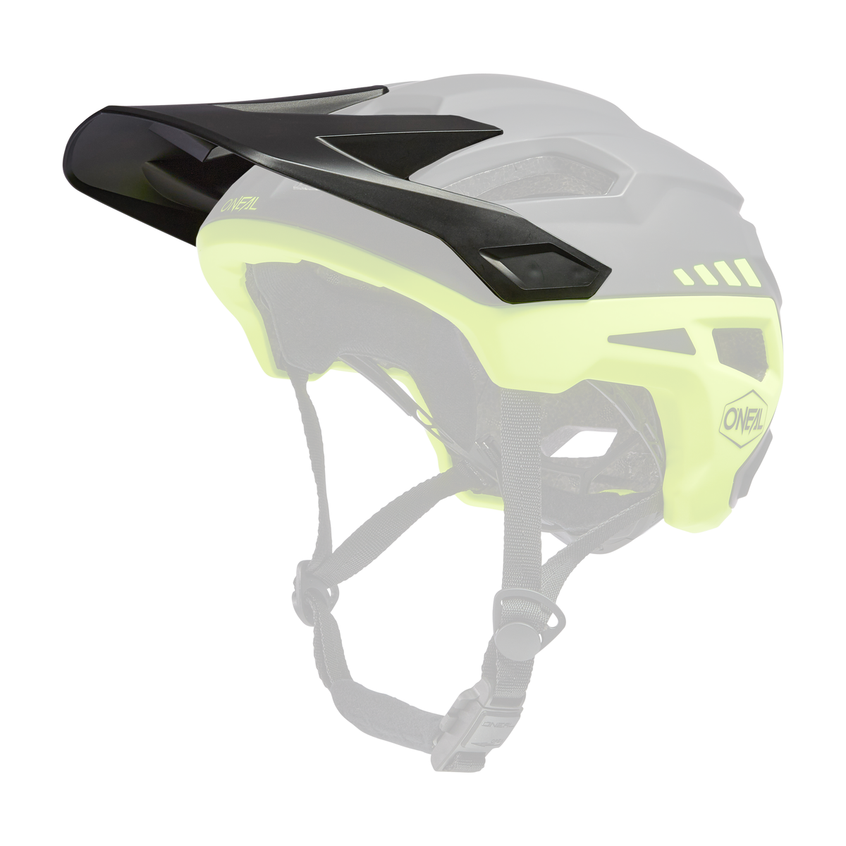 Der O'NEAL Visor TRAILFINDER Helmet SPLIT ist ein schwarz-neongelber Fahrradhelm, der mit einem robusten Design und zahlreichen Belüftungsöffnungen aufwartet. Er verfügt über einen verstellbaren Kinnriemen und ein kleines Visier an der Vorderseite, auf dessen einer Seite und auf der Rückseite das „O'NEAL“-Logo prominent angebracht ist.