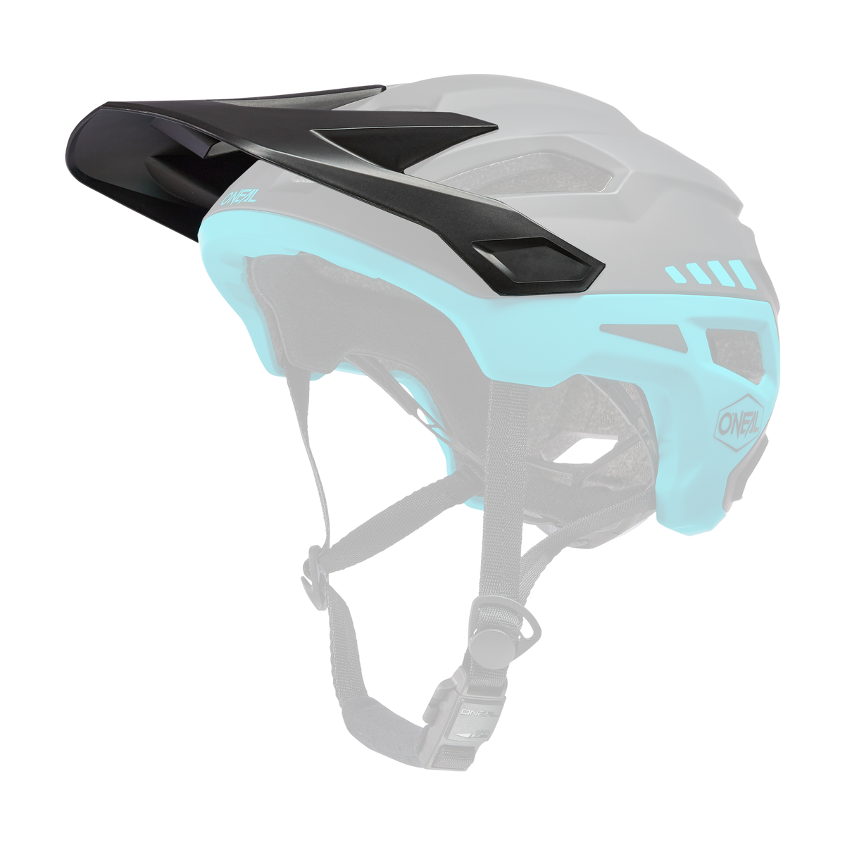 Abgebildet ist der O'NEAL Visor TRAILFINDER Helm SPLIT in Schwarz und Türkis. Er verfügt über ein robustes Design mit mehreren Belüftungslöchern, einem verstellbaren Riemen und einem Visier auf der Vorderseite. Das O'NEAL Logo ist seitlich und hinten am Helm sichtbar.