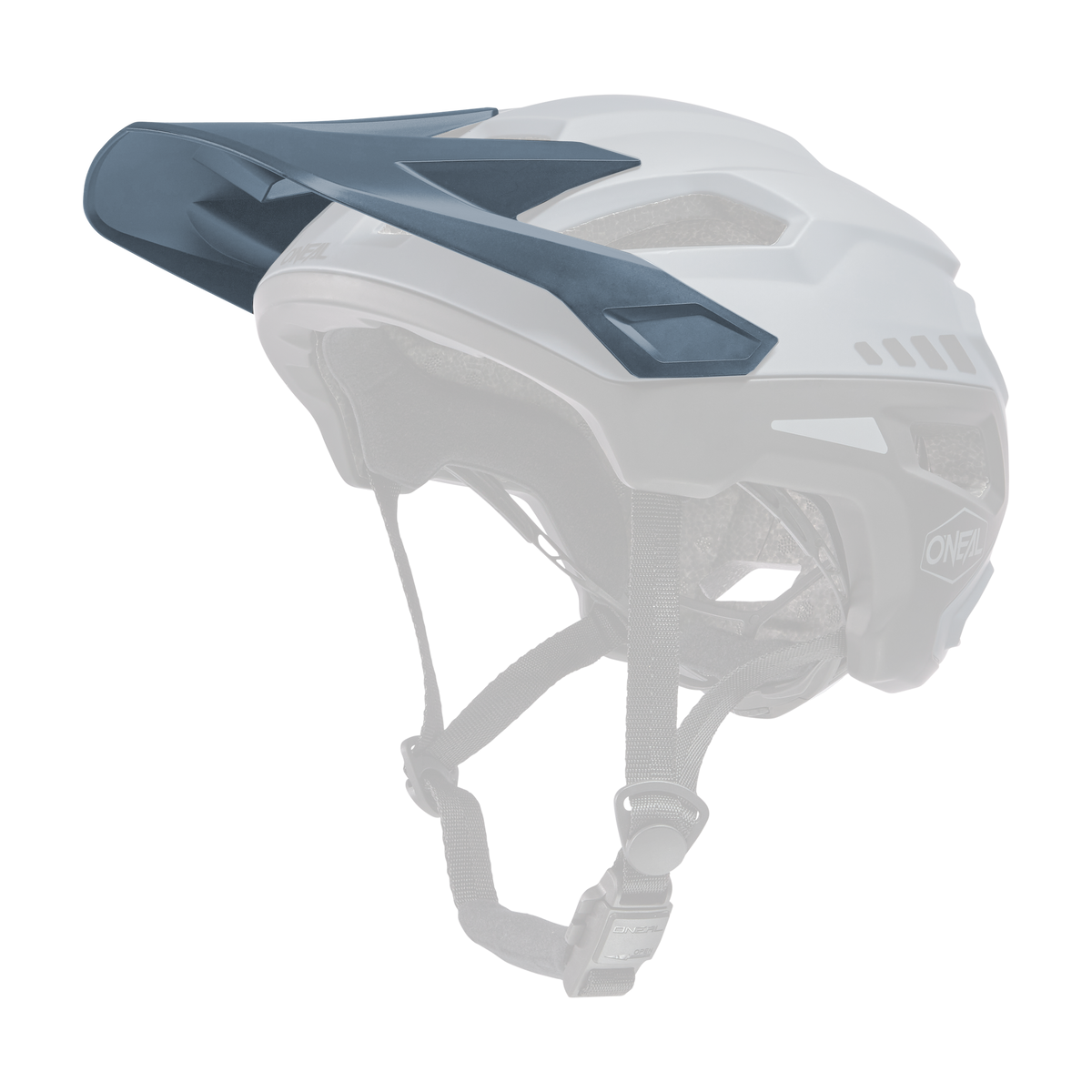Der O'NEAL Visor TRAILFINDER Helmet SPLIT, ein stylischer Mountainbike-Helm in Grau und Schwarz, verfügt über ein integriertes Visier. Er hat mehrere Belüftungslöcher und einen verstellbaren Kinnriemen mit gepolstertem Polster für zusätzlichen Komfort. Das „O'NEAL“-Logo ist deutlich sichtbar an der Seite und Rückseite des Helms angebracht.
