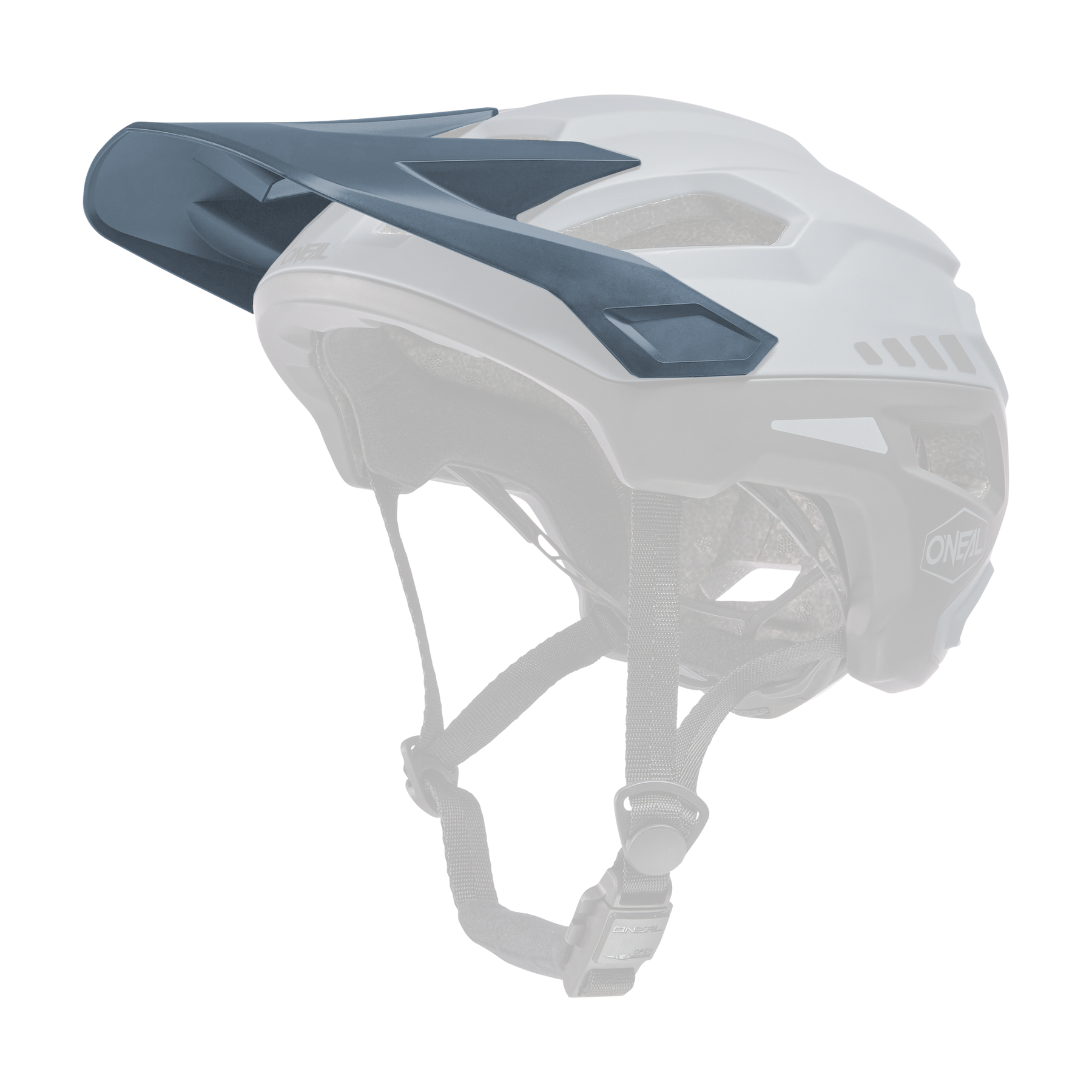 El Casco TRAILFINDER O'NEAL Visor SPLIT de O'NEAL es un moderno casco de bicicleta de montaña de color azul mate y negro con protección trasera ampliada para la cabeza, aberturas de ventilación, visera ajustable y correa para la barbilla.