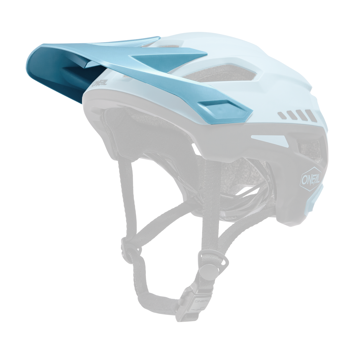 Der O'NEAL Visor TRAILFINDER Helm SPLIT in Himmelblau und Schwarz ist für das Mountainbiken konzipiert und verfügt über ein Visier und Belüftungsöffnungen. Er verfügt über verstellbare Riemen und Polsterung für zusätzlichen Komfort, wobei das Markenlogo „O'NEAL“ deutlich sichtbar auf der Seite angebracht ist.