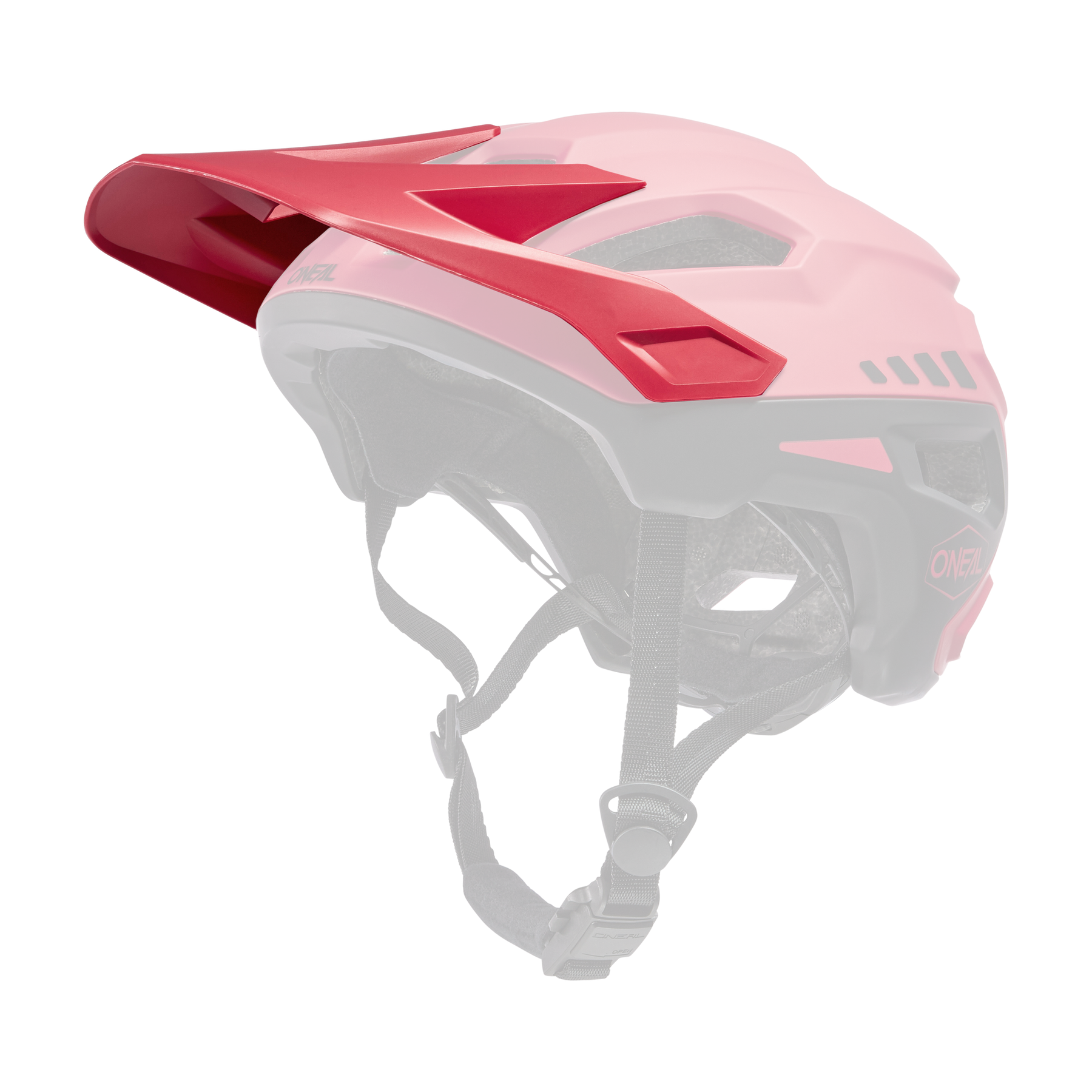 Der O'NEAL Visor TRAILFINDER Helmet SPLIT von O'NEAL ist ein rot-schwarzer Mountainbike-Helm mit einem Visier, mehreren Belüftungslöchern und einem verstellbaren Kinnriemen, abgebildet in der Seitenansicht auf schwarzem Hintergrund.