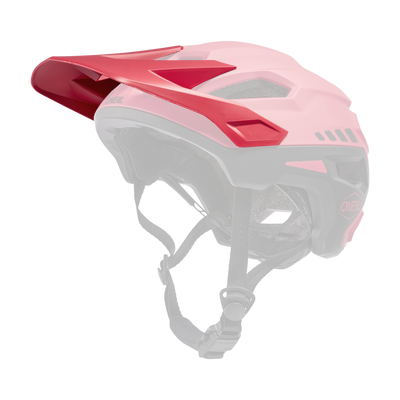 El Casco O'NEAL Visor Trailfinder SPLIT de O'NEAL es un casco rojo y negro para bicicleta de montaña con visera, múltiples orificios de ventilación y correa ajustable para la barbilla, mostrado en vista lateral sobre fondo negro.