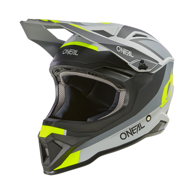 Wir präsentieren den O'NEAL 1SRS Helm Kinder STREAM, einen Motocross-Helm mit elegantem Design und erstklassiger Technik. Er verfügt über ein Farbschema aus Schwarz, Grau und Neongelb, eine ABS-Schale und ein Visier mit dem auffälligen Markennamen „O'NEAL“ auf der Vorder- und Seite.