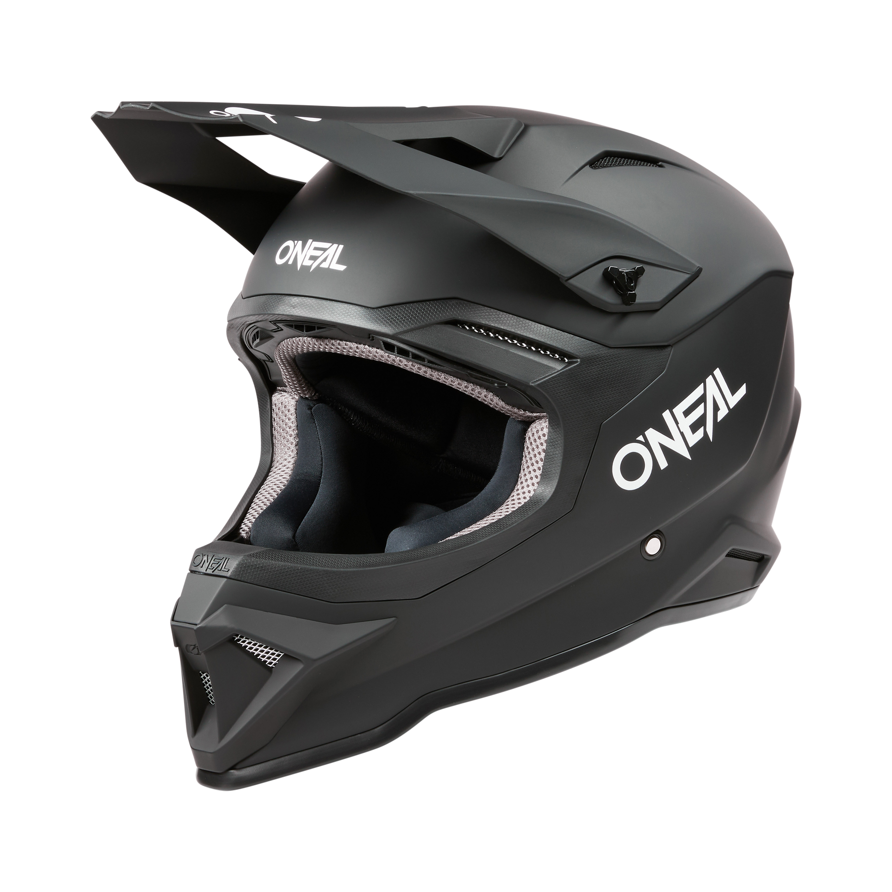 Der O'NEAL 1SRS Helm SOLID ist ein mattschwarzer Fullface-Motocross-Helm mit einem großen Visier, aerodynamischen Belüftungsöffnungen und auffälligen weißen O'NEAL-Logos an den Seiten und auf der Vorderseite, die die Qualität der Technik vor dem schwarzen Hintergrund hervorheben.