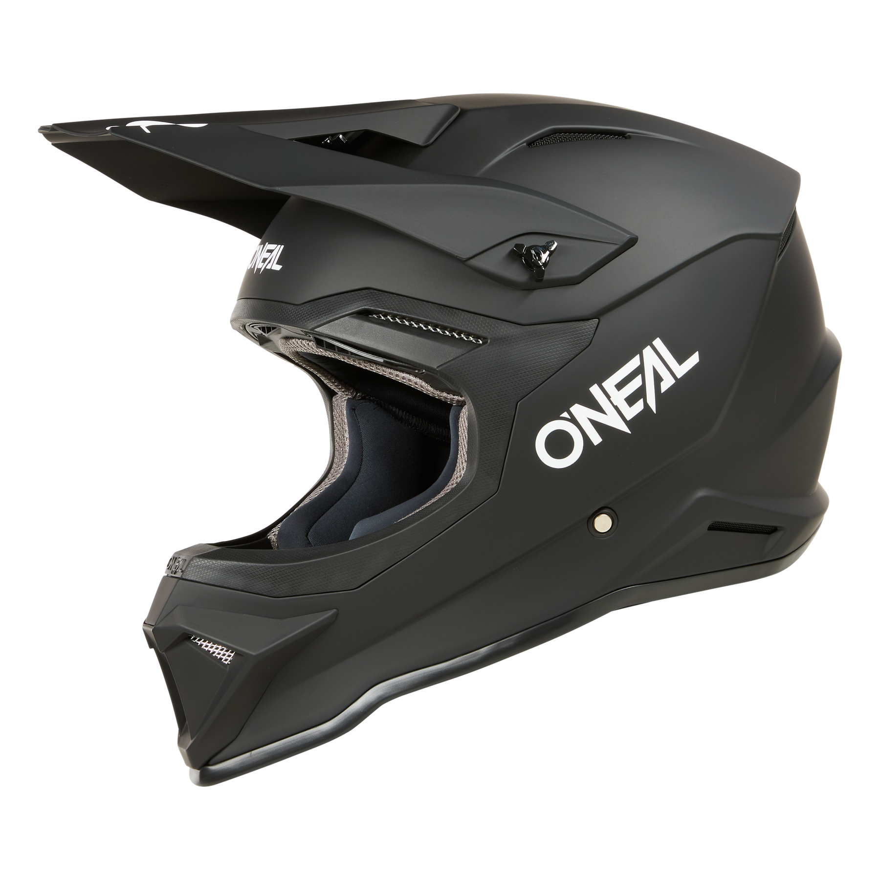Der O'NEAL 1SRS Helm SOLID ist ein mattschwarzer ABS-Motocross-Helm mit Visier, bei dem die Marke "O'NEAL" in weißer Farbe auf der Seite, von rechts gesehen, zu sehen ist und der die hochwertige Technik von O'NEAL hervorhebt.