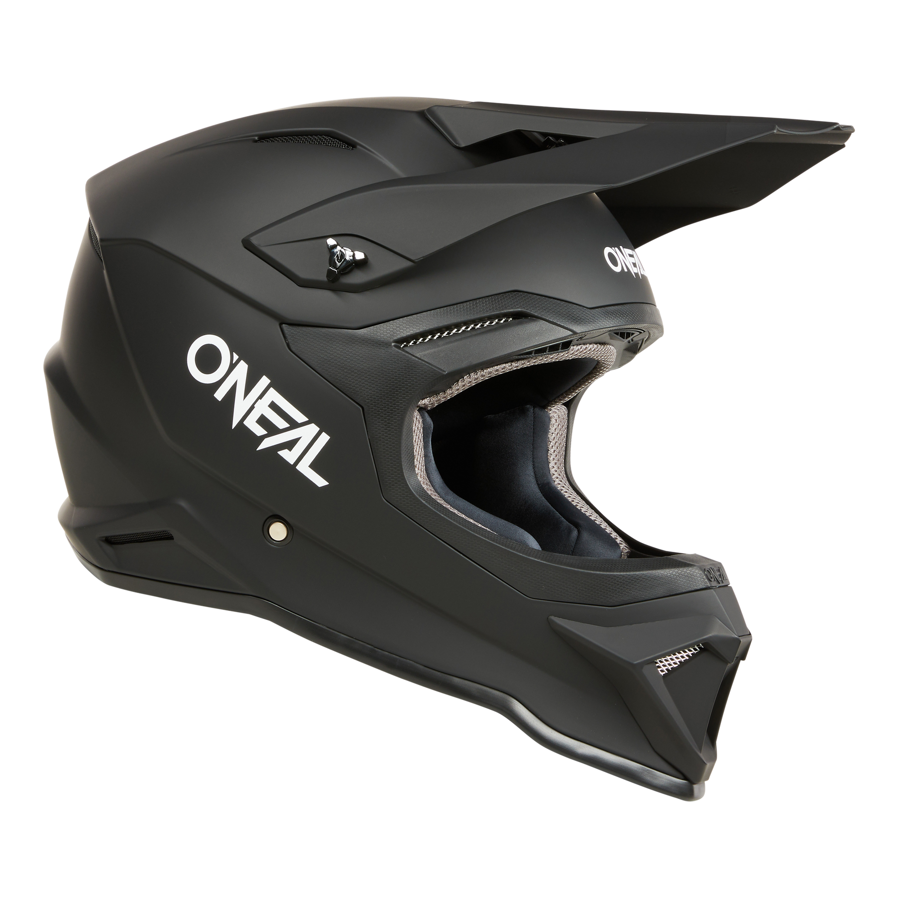Der O'NEAL 1SRS Helm SOLID ist ein mattschwarzer Motocross-Helm mit Visier, Kinnschutz, weißem O'NEAL-Logo, ABS-Schale, Lüftungsschlitzen und gepolsterter Innenausstattung für Komfort und Schutz.