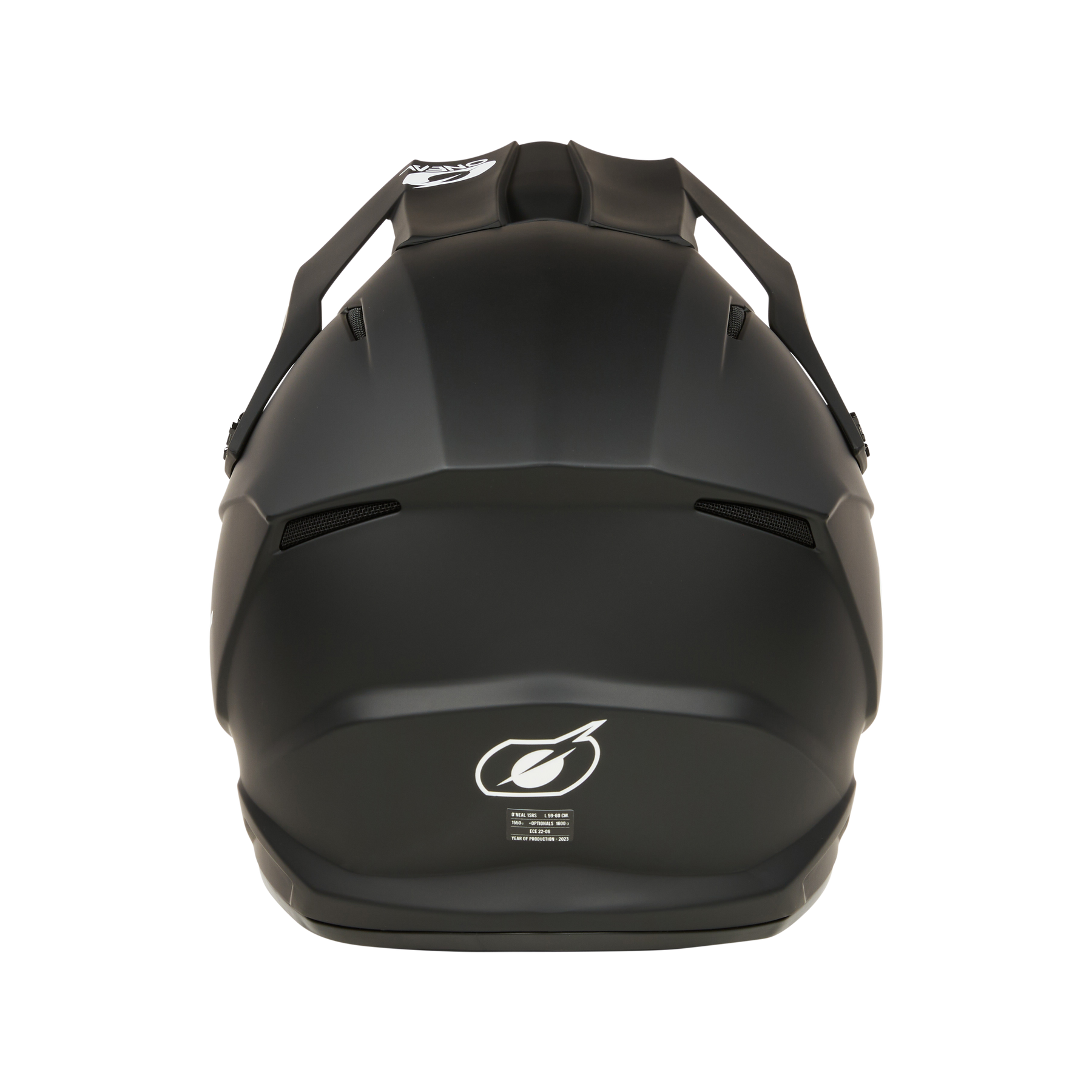 Rückansicht des schwarzen Motorradhelms O'NEAL 1SRS Helm SOLID mit weißem O'NEAL-Logo in der Nähe der Basis, zwei oberen Belüftungsöffnungen und einer glatten, matten Oberfläche, die sein aerodynamisches Design unterstreicht.