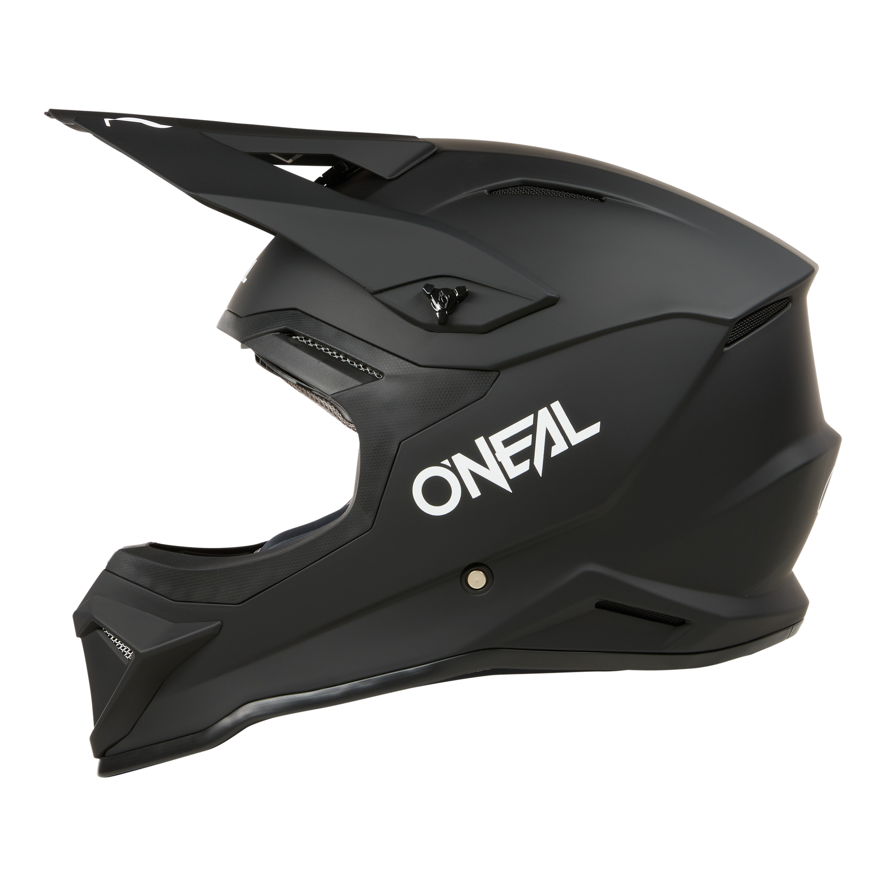 Der O'NEAL 1SRS Helm SOLID zeigt sich im mattschwarzen Seitenprofil, mit kantigen Belüftungsöffnungen, einem Visier, weißem O'NEAL-Branding und der hochwertigen Technik, die man von diesem ABS-Motocross-Helm erwartet.