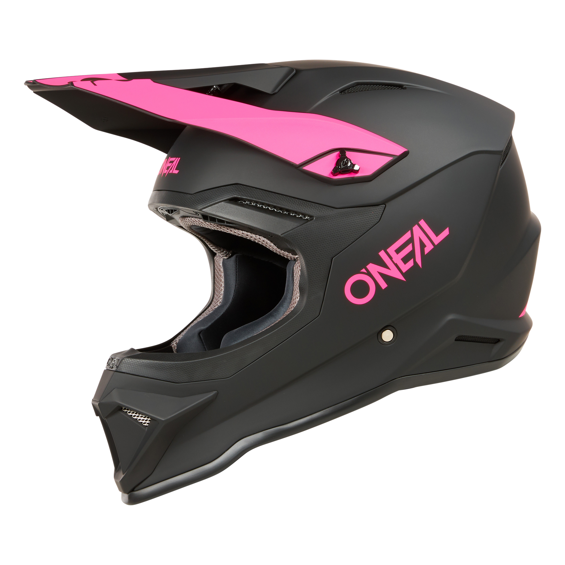 Der O'NEAL 1SRS Helm SOLID ist ein mattschwarzer ABS-Motocross-Helm mit rosafarbenen Akzenten, einem offenen Gesicht, einem Visier und dem Schriftzug O'NEAL" in Rosa auf der Seite - er verbindet Stil mit hochwertiger Technik.