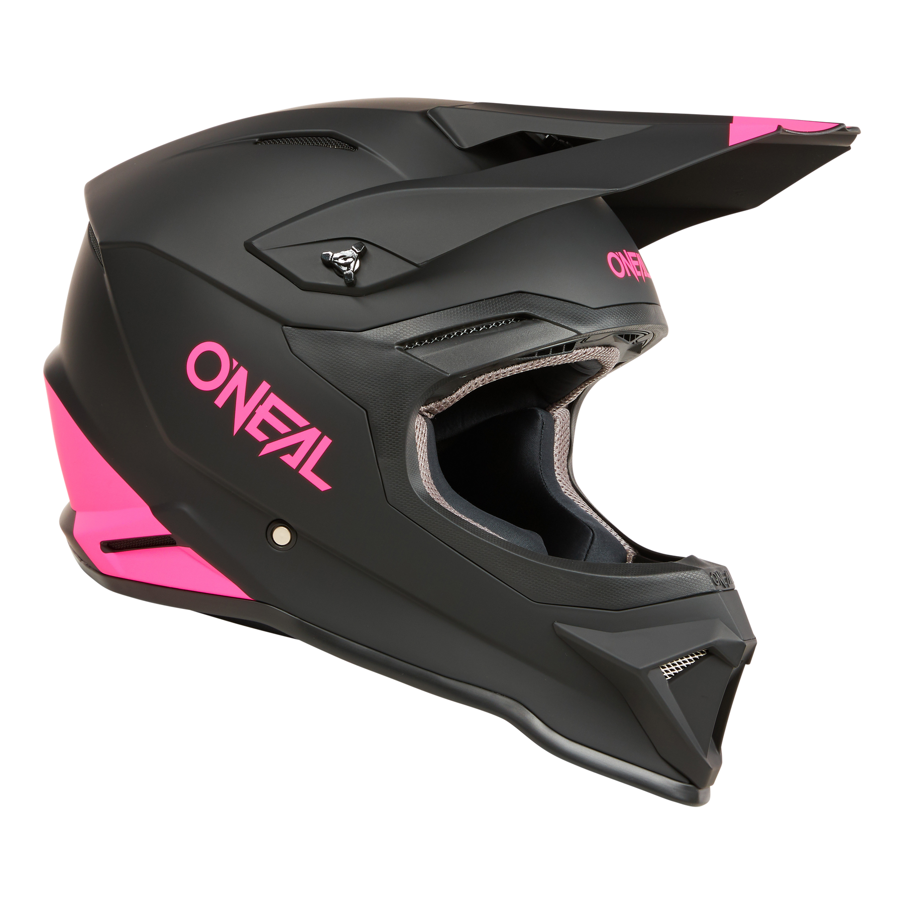 Der O'NEAL 1SRS Helm SOLID ist ein mattschwarzer Helm mit rosa Akzenten und Logo, hochwertiger Technik, einem Visier und großen Belüftungsöffnungen.