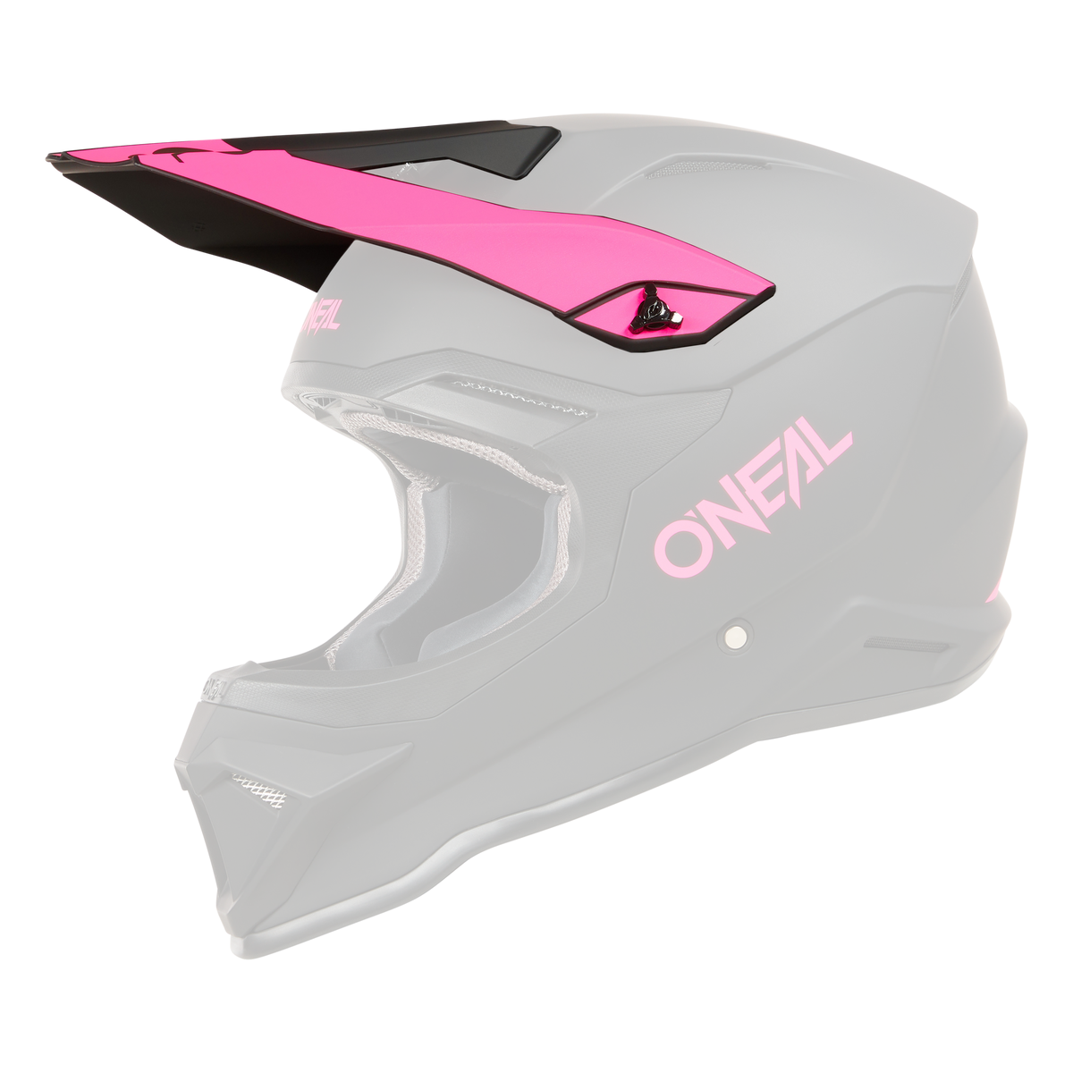 Der O'NEAL Visor 1SRS Helm SOLID ist ein mattschwarzer Offroad-Motorradhelm mit rosa Visier und rosa „ONEAL“-Branding an der Seite. Dieser Helm verfügt über ein schlankes Design mit einem belüfteten Kinnschutz und gepolstertem Innenfutter für zusätzlichen Komfort.