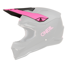Der O'NEAL Visor 1SRS Helm SOLID ist ein mattschwarzer Offroad-Motorradhelm mit rosa Visier und rosa „ONEAL“-Branding an der Seite. Dieser Helm verfügt über ein schlankes Design mit einem belüfteten Kinnschutz und gepolstertem Innenfutter für zusätzlichen Komfort.