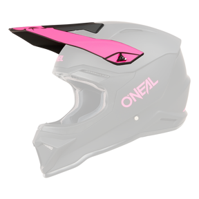 Der O'NEAL Visor 1SRS Helm SOLID ist ein mattschwarzer Offroad-Motorradhelm mit rosa Visier und rosa „ONEAL“-Branding an der Seite. Dieser Helm verfügt über ein schlankes Design mit einem belüfteten Kinnschutz und gepolstertem Innenfutter für zusätzlichen Komfort.