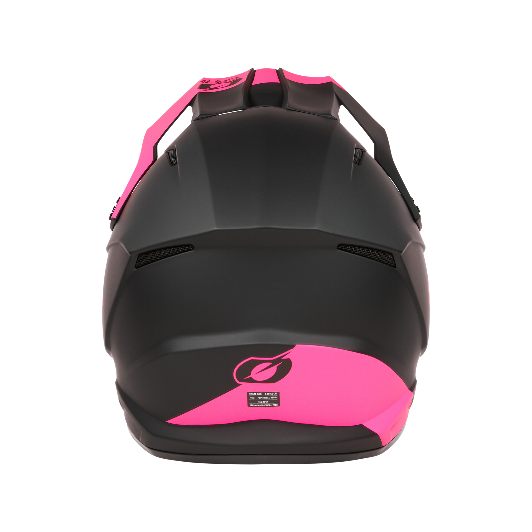 Eine Rückansicht des O'NEAL 1SRS Helm SOLID by O'NEAL in Schwarz und Pink. Das matte Finish, die Lüftungsschlitze und das kleine Etikett unten in der Mitte spiegeln die hochwertige Technik dieses Motocross-Helms wider.