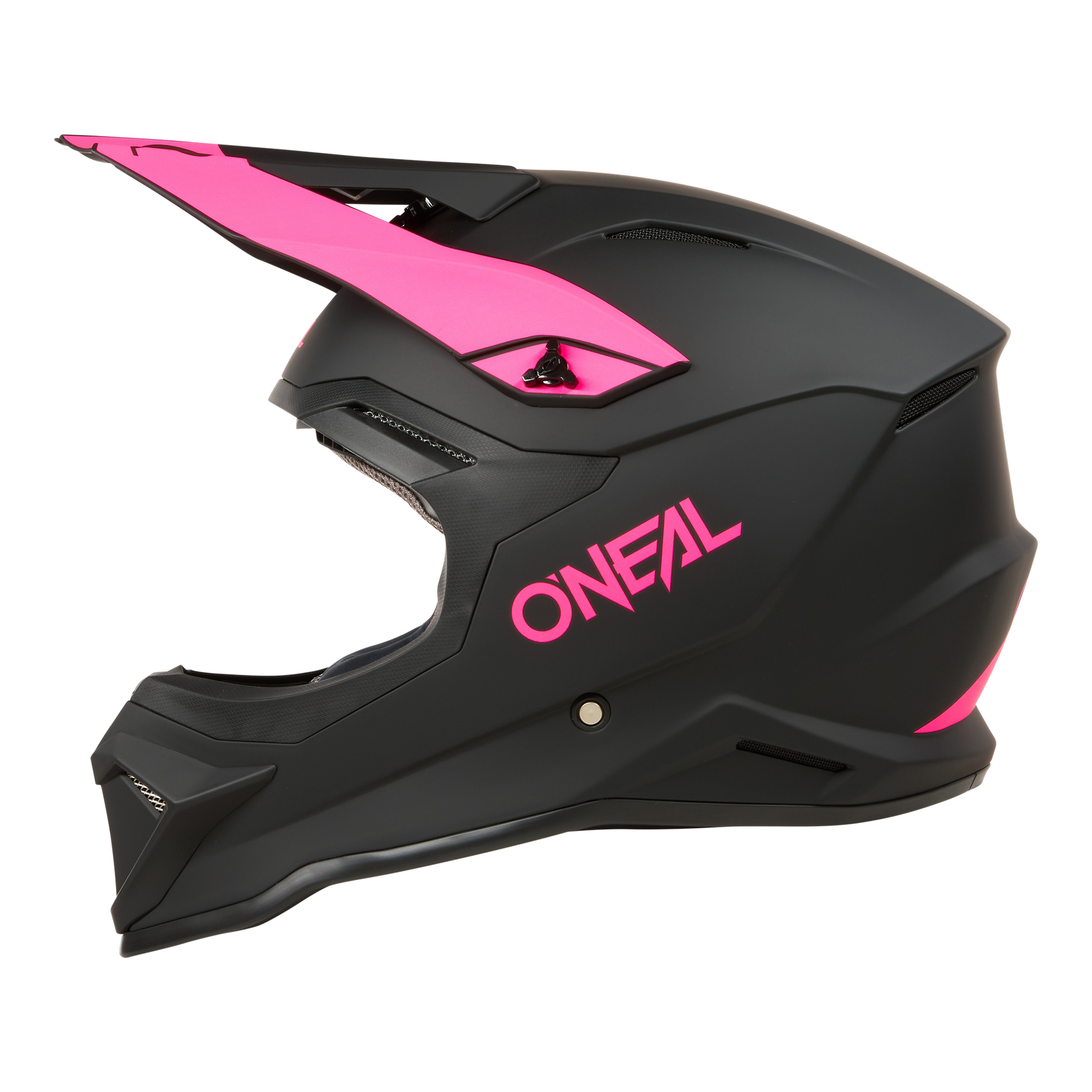 Der O'NEAL 1SRS Helm SOLID von O'NEAL hat ein mattschwarzes Finish mit rosa Akzenten, einen auffälligen seitlichen "ONEAL"-Schriftzug, ein Visier und ein aerodynamisches Design. Hergestellt aus hochwertigem ABS für Motocross-Performance.