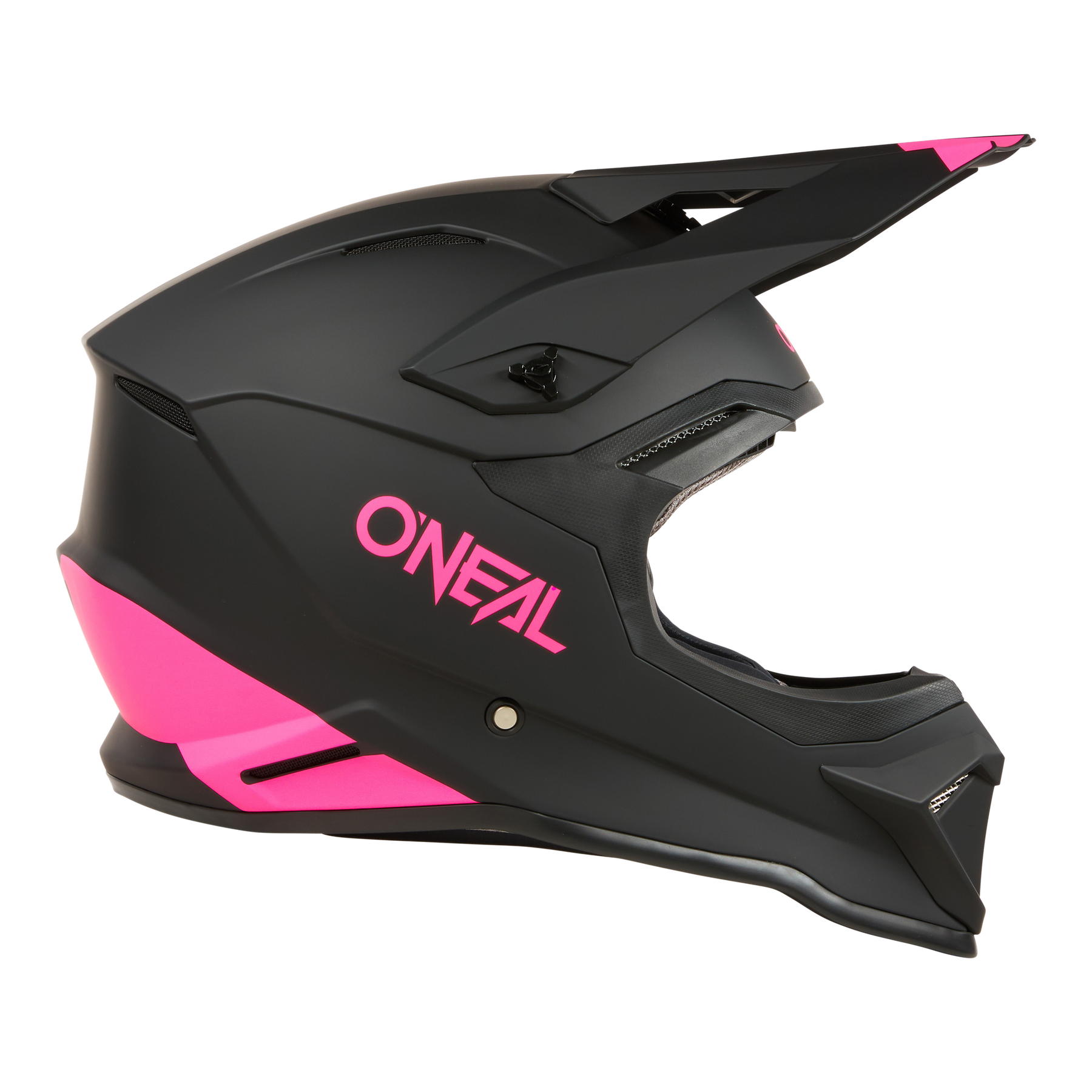 Der O'NEAL 1SRS Helm SOLID ist ein mattschwarzer Fullface-ABS-Motocross-Helm mit leuchtend pinken Akzenten, einem pinken "ONEAL"-Logo an der Seite, Visier und hochwertiger Technik von O'NEAL.