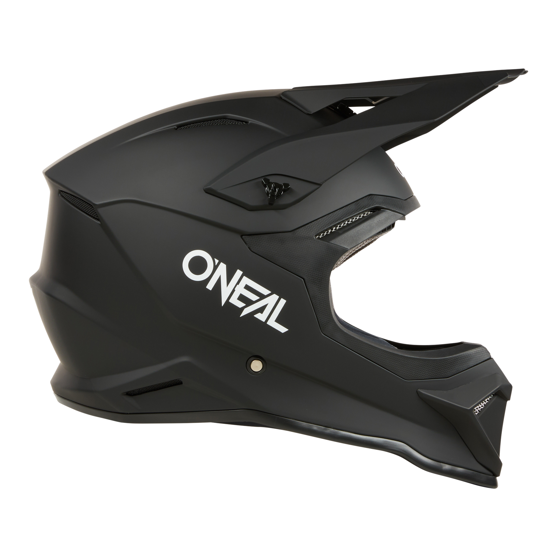 Ein mattschwarzer O'NEAL 1SRS Helm SOLID Vollvisier-Motocross-Helm, der auf Qualität getrimmt ist und den Markennamen "O'NEAL" in weißer Farbe auf der Seite trägt (Seitenansicht).