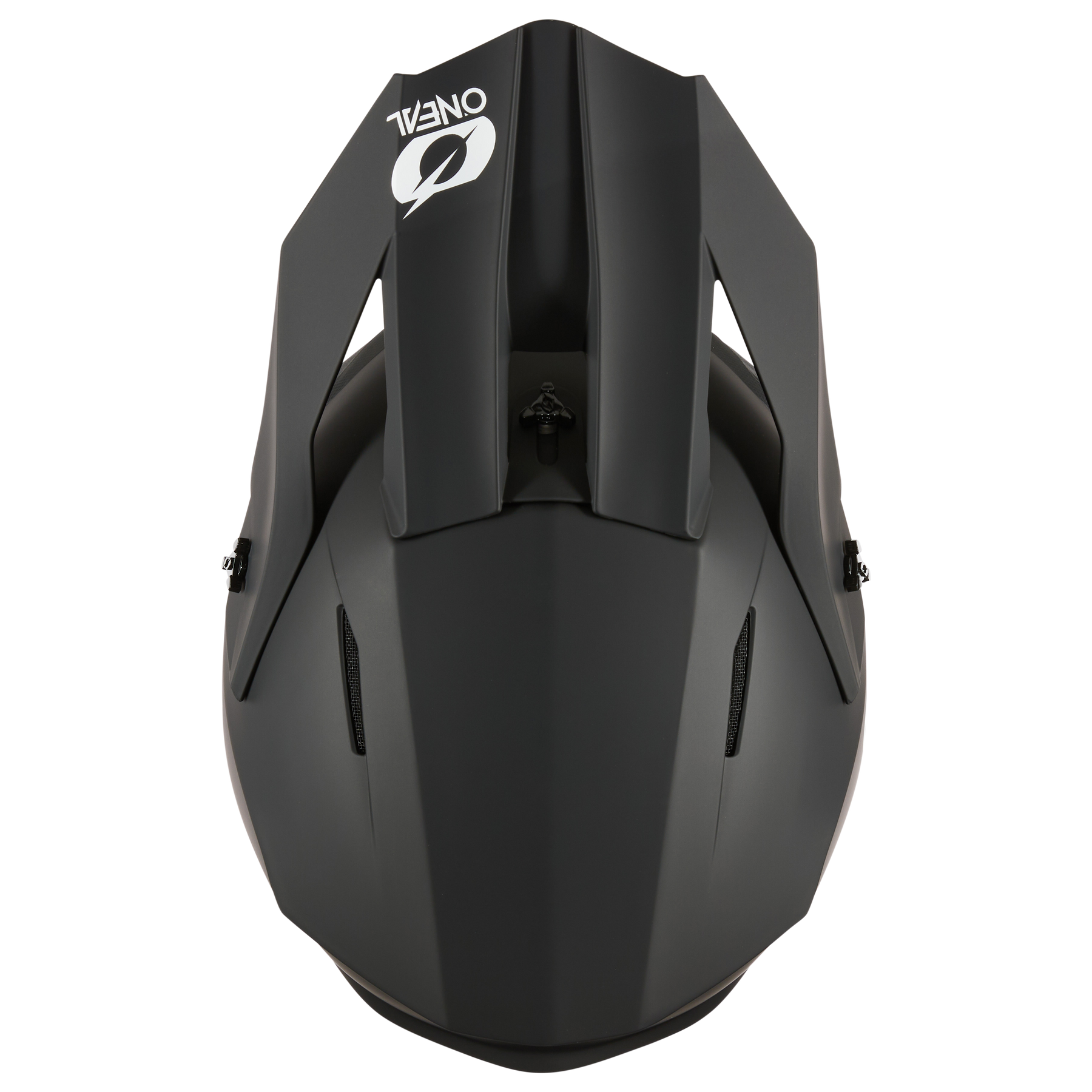 Der mattschwarze Motocross-Vollvisierhelm O'NEAL 1SRS Helm SOLID ist von oben abgebildet und zeichnet sich durch kantige Designlinien und ein weißes O'NEAL-Logo in der Nähe der oberen Front aus.