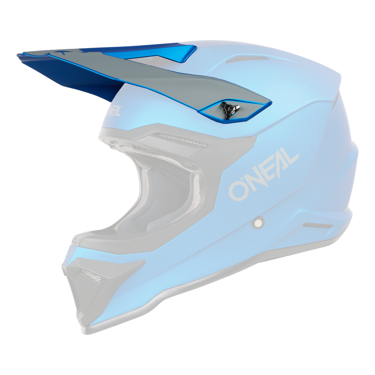 Der O'NEAL Visor 1SRS Helmet SOLID ist ein blau-grauer Integralhelm mit elegantem Design. Er verfügt über ein Visier, Belüftungslöcher und eine schwarze Innenpolsterung für Komfort und Schutz. Der Markenname O'NEAL ist seitlich und vorne gut sichtbar angebracht.