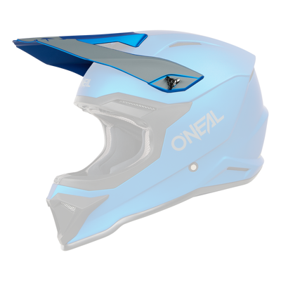 Der O'NEAL Visor 1SRS Helmet SOLID ist ein blau-grauer Integralhelm mit elegantem Design. Er verfügt über ein Visier, Belüftungslöcher und eine schwarze Innenpolsterung für Komfort und Schutz. Der Markenname O'NEAL ist seitlich und vorne gut sichtbar angebracht.