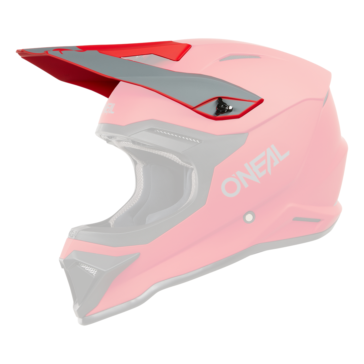 Ein leuchtend roter O'NEAL Visor 1SRS Helm SOLID verfügt über dezente graue Akzente und eine elegante schwarze Innenseite. Der Helm verfügt über ein verlängertes Visier und ein aerodynamisches Design, wobei der Markenname „O'NEAL“ prominent in Hellgrau auf der Seite angebracht ist.