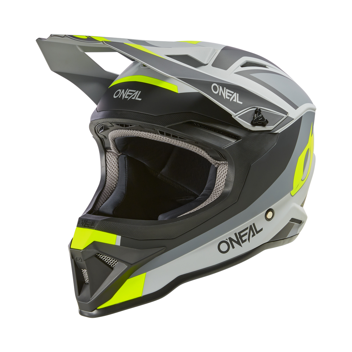 Der O'NEAL 1SRS Helm STREAM ist ein Integralhelm mit einem eleganten Design in den Farben Schwarz, Grau, Weiß und Neongelb. Er zeichnet sich durch hochwertige Verarbeitung mit markantem Visier, robustem Kinnschutz, mehreren Belüftungsöffnungen und dem „O'Neal“-Branding sowie geometrischen Akzenten aus.