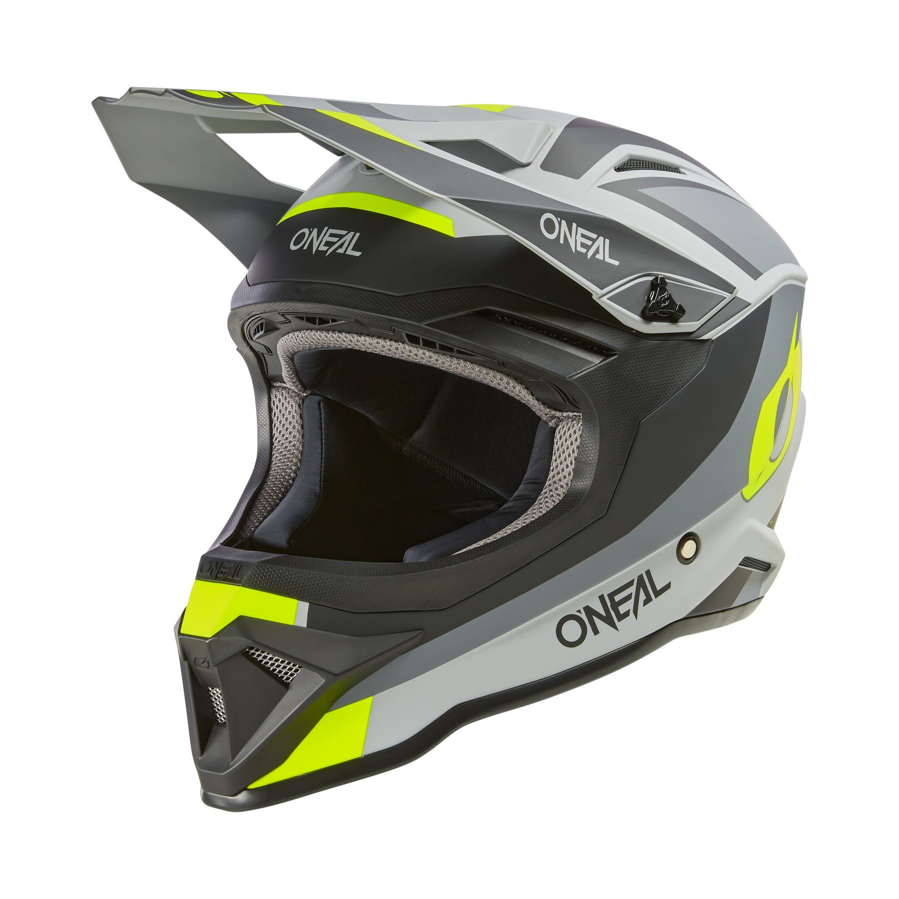 Der O'NEAL 1SRS Helm STREAM ist ein schwarzer, grauer und neongelber MX-Helm mit Visier und Kinnschutz, der mit dem O'NEAL-Logo versehen ist. Er verfügt über Belüftungsöffnungen und ein modernes aerodynamisches Design für hochwertige Leistung.
