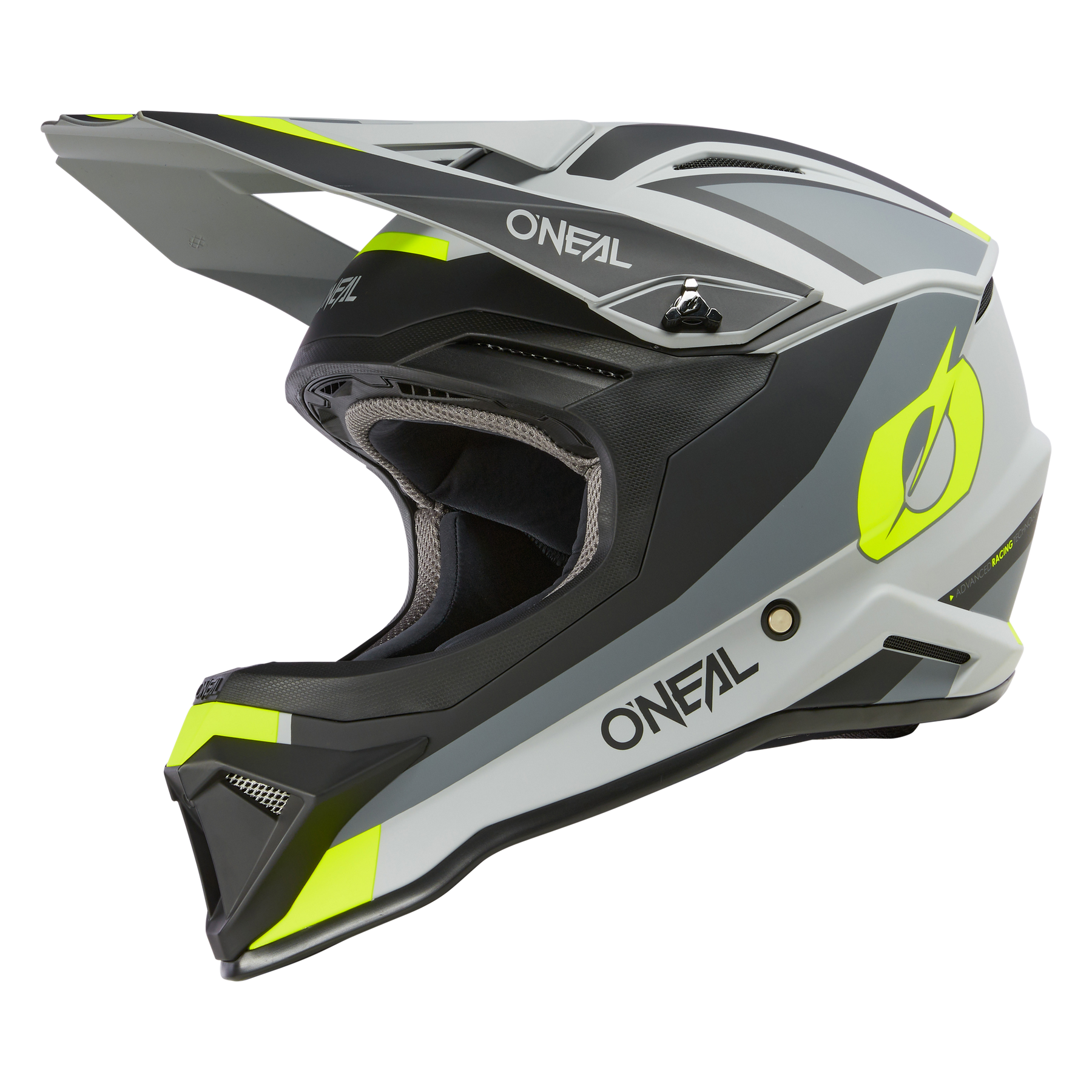 Der O'NEAL 1SRS Helm STREAM ist ein Vollvisierhelm in Grau mit schwarzen, weißen und neongelben Akzenten. Er verfügt über hochwertige Technik, das O'NEAL-Logo und ein großes, spitzes Visier.