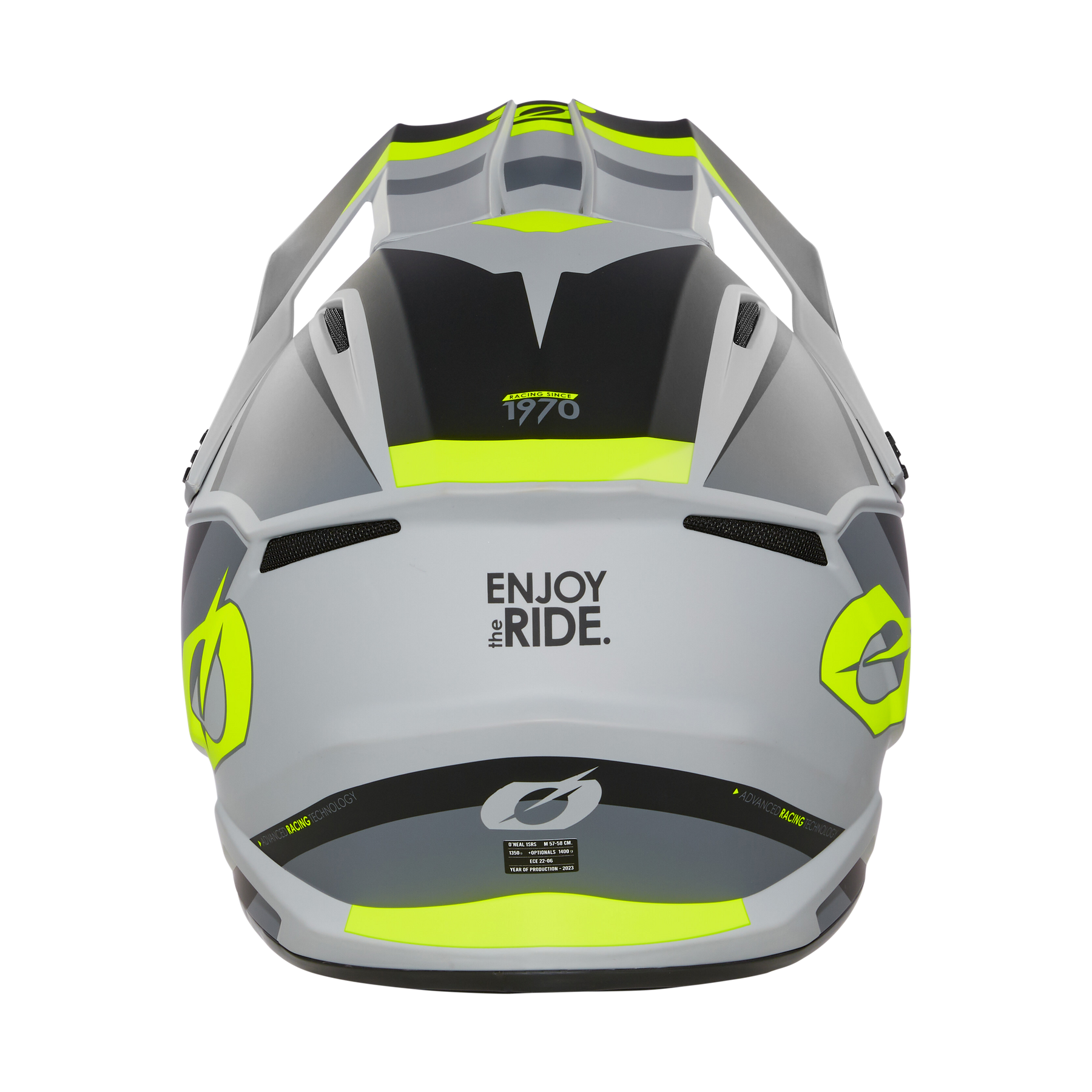 Der O'NEAL 1SRS Helm STREAM von O'NEAL ist ein grau-schwarzer Fahrradhelm mit gelben Akzenten, oberen Belüftungsöffnungen und "ENJOY the RIDE." auf der Rückseite sowie stilisierten Grafiken für einen hochwertigen Look.