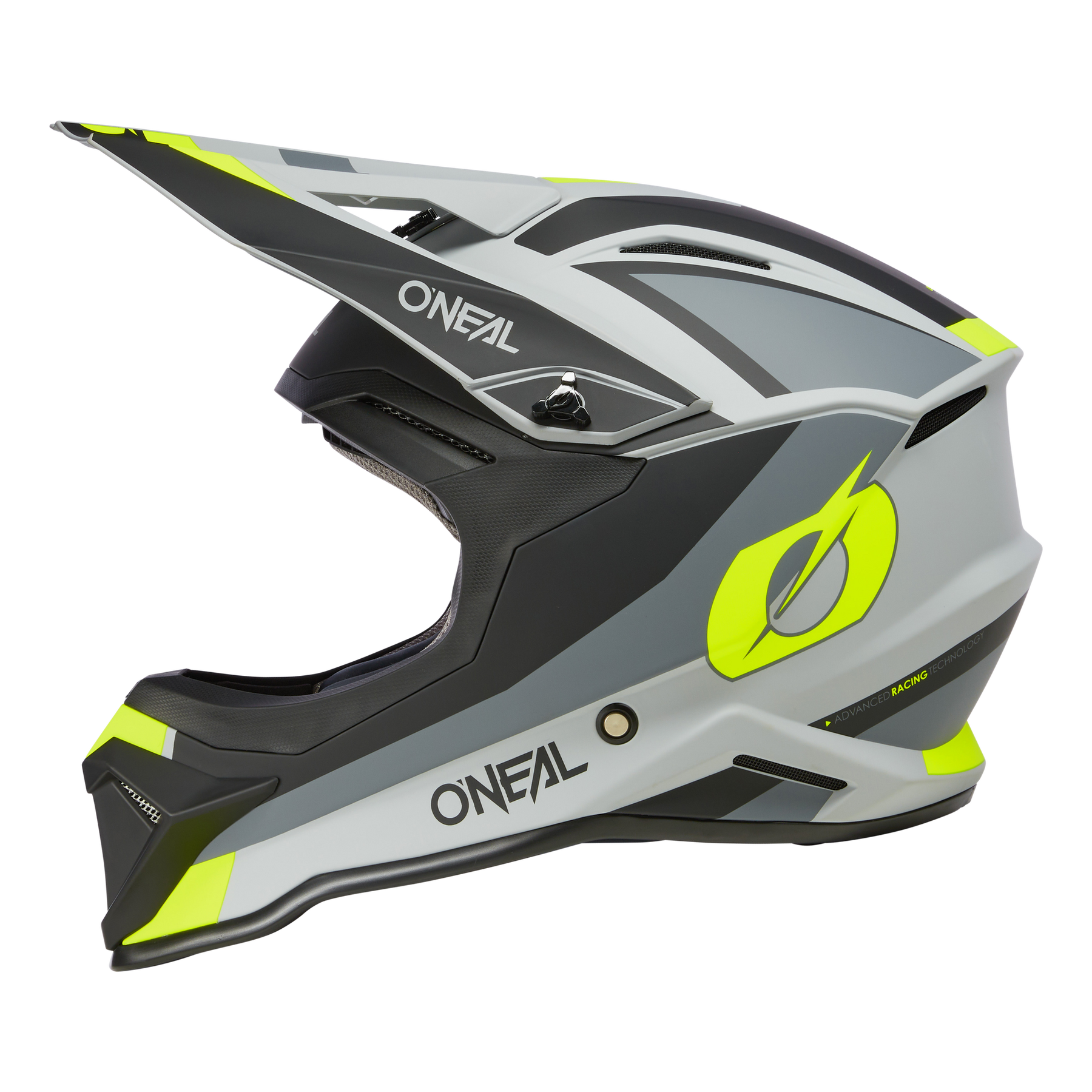 Der O'NEAL 1SRS Helm STREAM ist ein Integralhelm in Grau, Schwarz und Neongelb mit dem O'NEAL-Logo an der Seite und am Visier. Er verfügt über aerodynamische Belüftungsöffnungen und ein kantiges Design, das aus hochwertigen Materialien gefertigt ist.